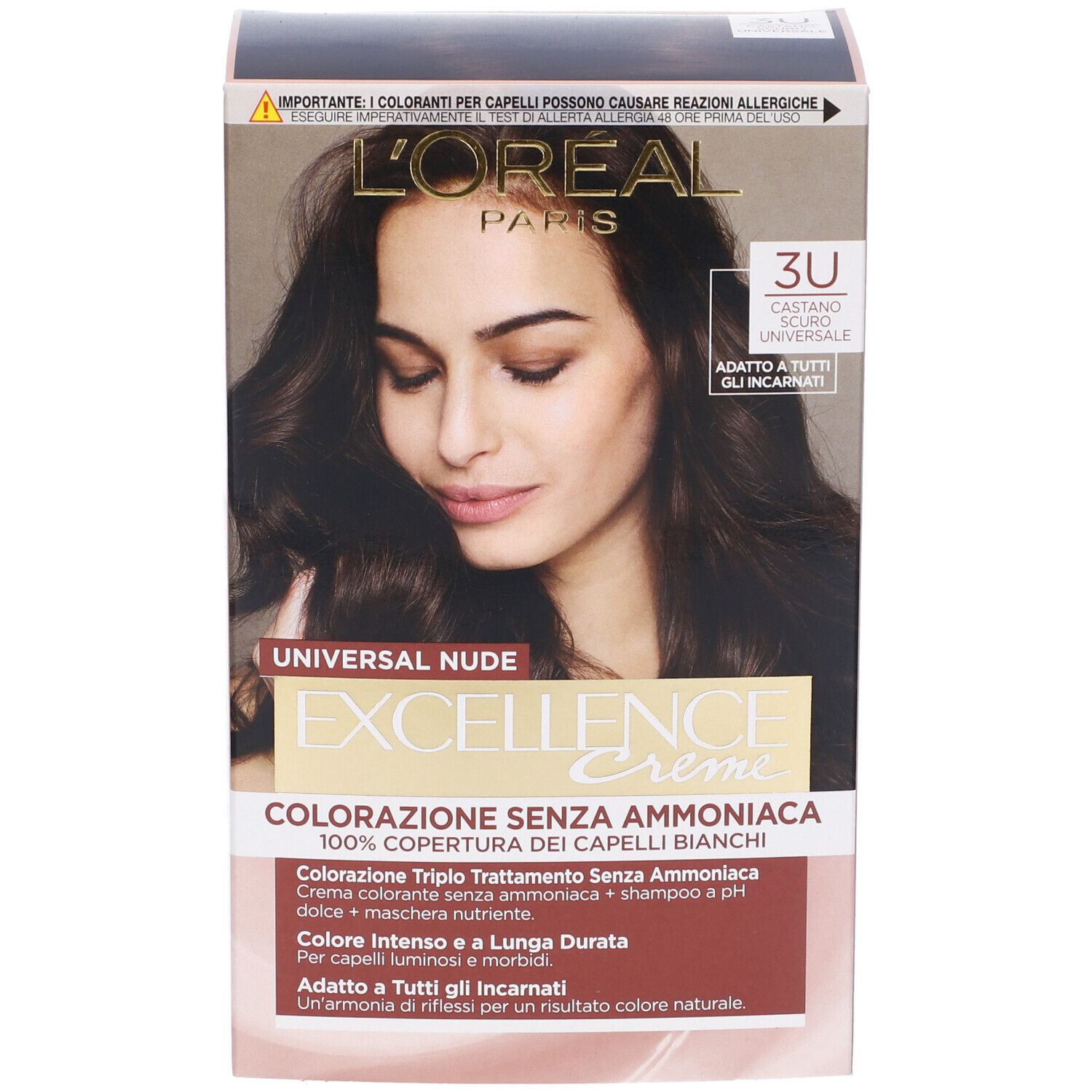 Confezione di tinta per capelli. L'Oréal Paris Excellence Creme, Universal Nude, Castano Scuro 3U. Donna con capelli castani.
