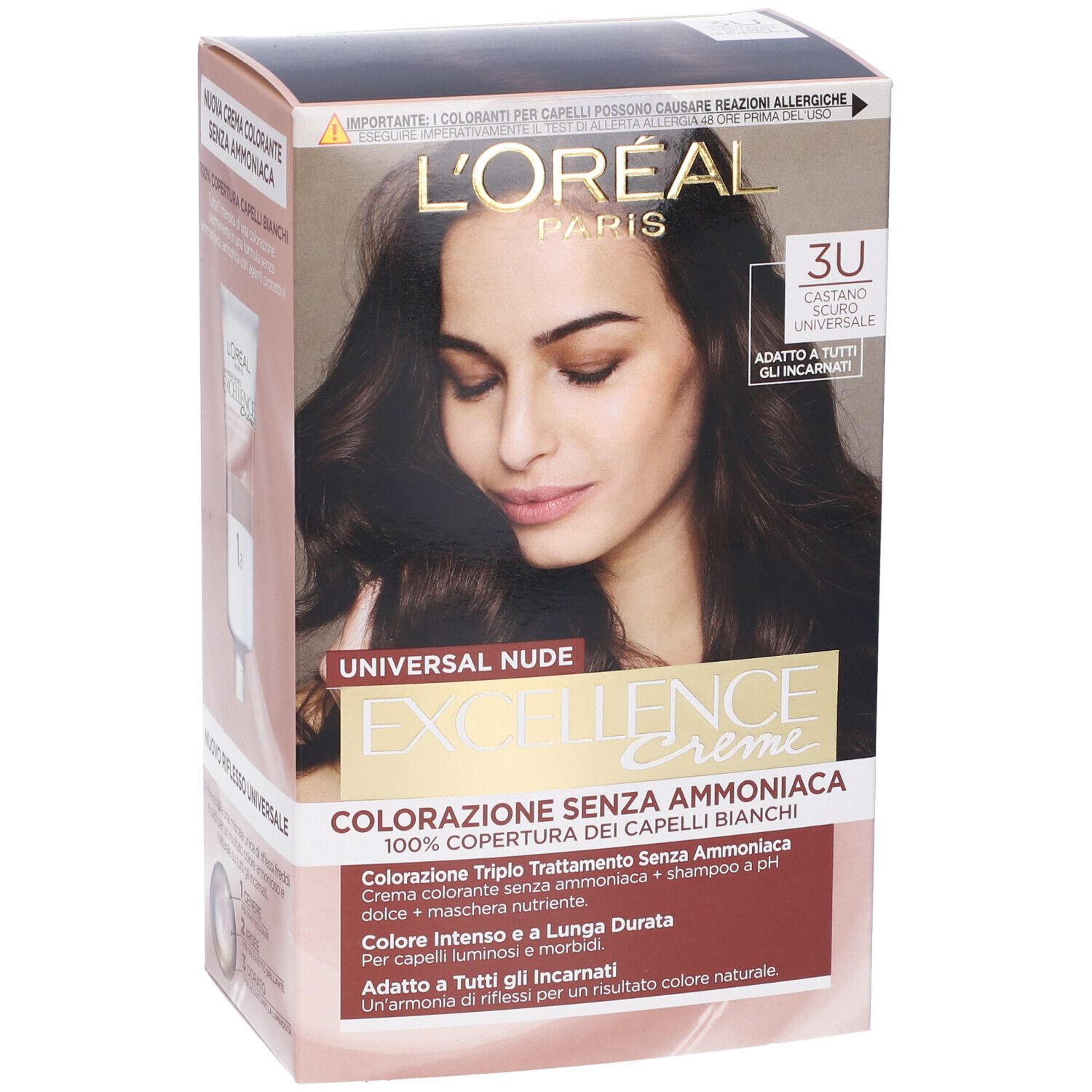 Confezione di tinta per capelli. L'Oréal Paris Excellence Creme, Universal Nude, Castano Scuro 3U. Donna con capelli castani.