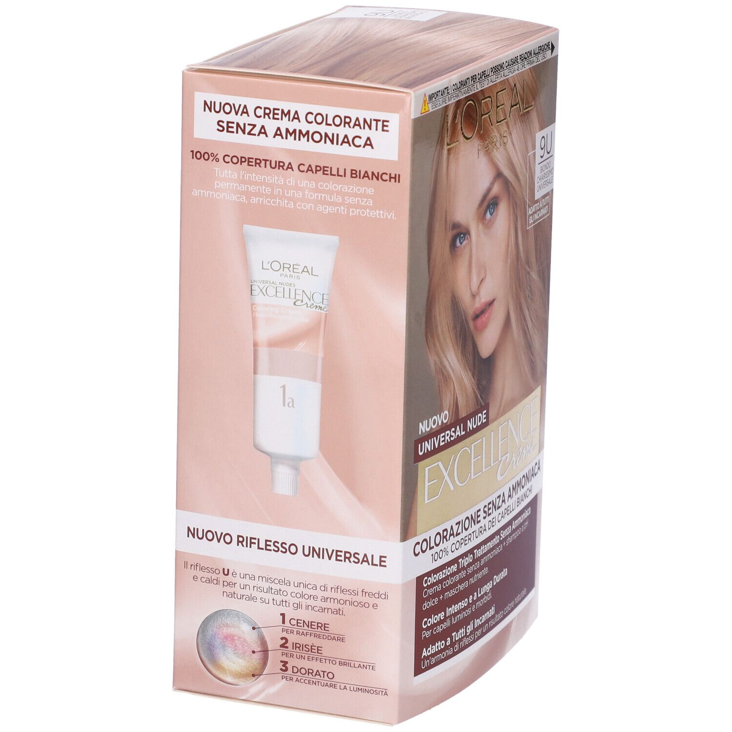 Confezione L'Oréal Paris Excellence Universal Nude. Vista laterale con testo e immagine del prodotto.