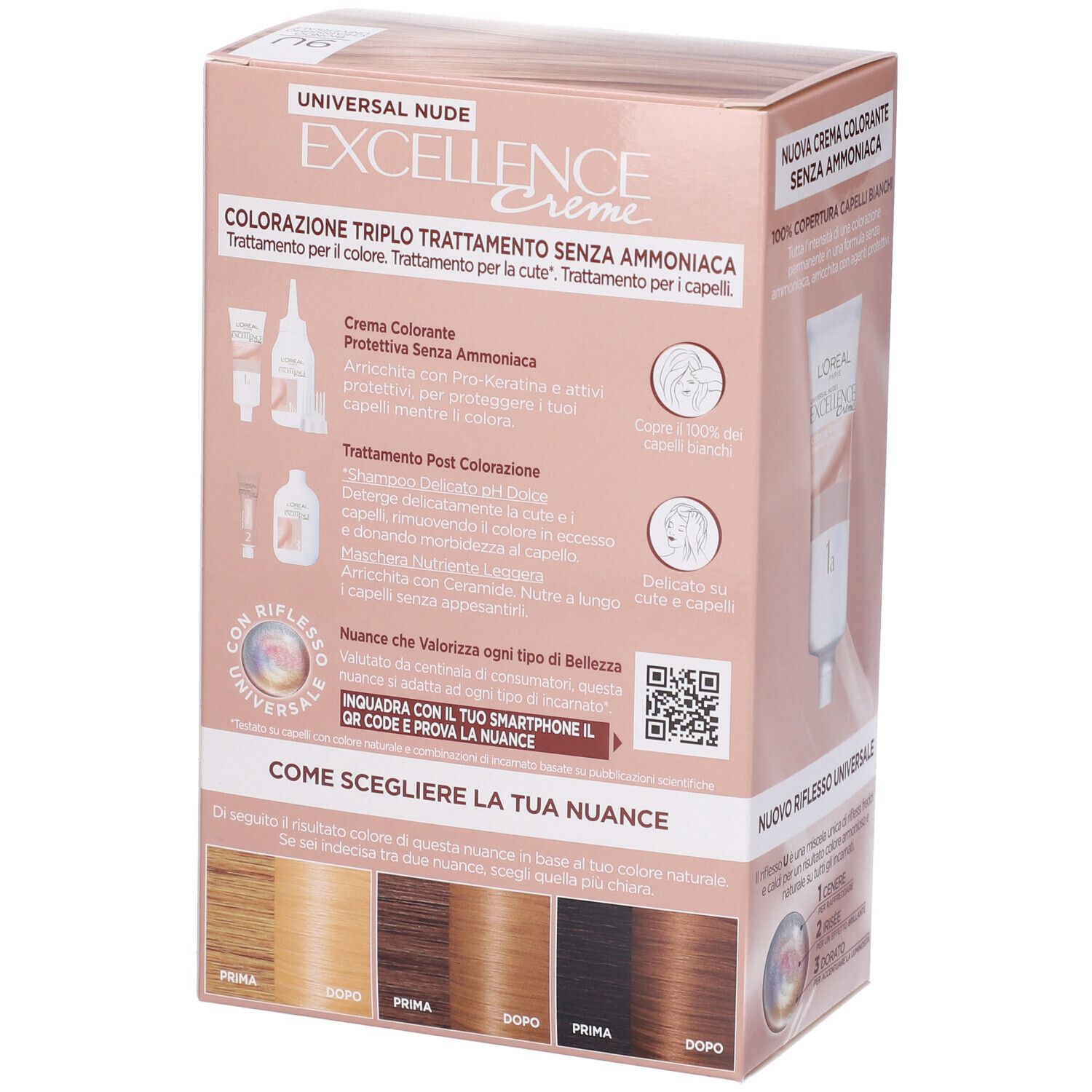 Retro della confezione L'Oréal Paris Excellence Universal Nude. Testo, immagini del prodotto ed esempi di colore.