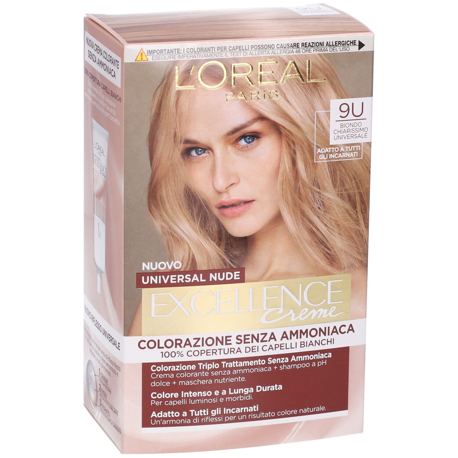 Confezione di L'Oréal Paris Excellence Universal Nude. Biondo Chiariss 9U. Contiene testo e ritratto di donna.