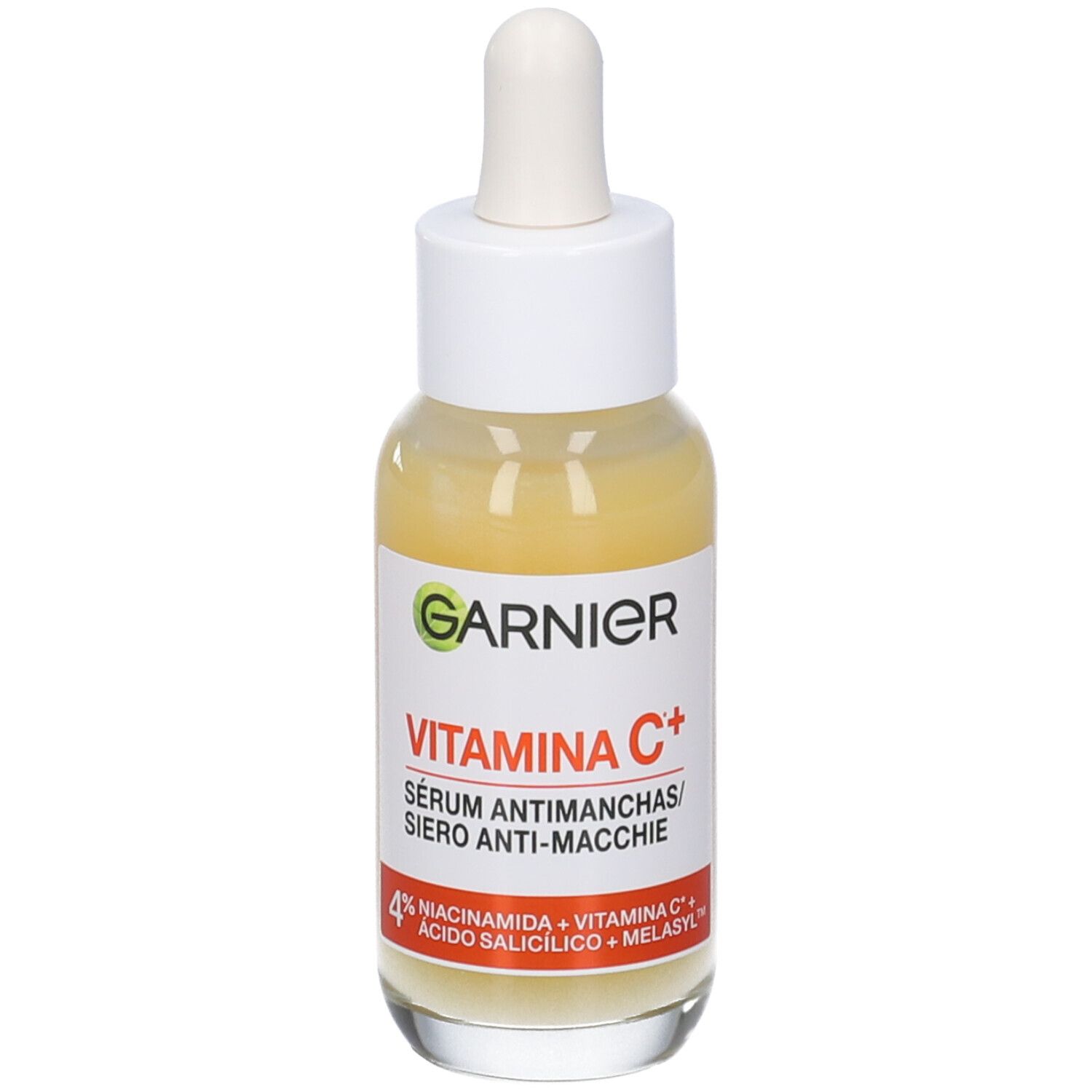 Siero Garnier Vitamin C+. Flacone con contagocce. Scritta: Vitamin C+, Siero anti-macchie.
