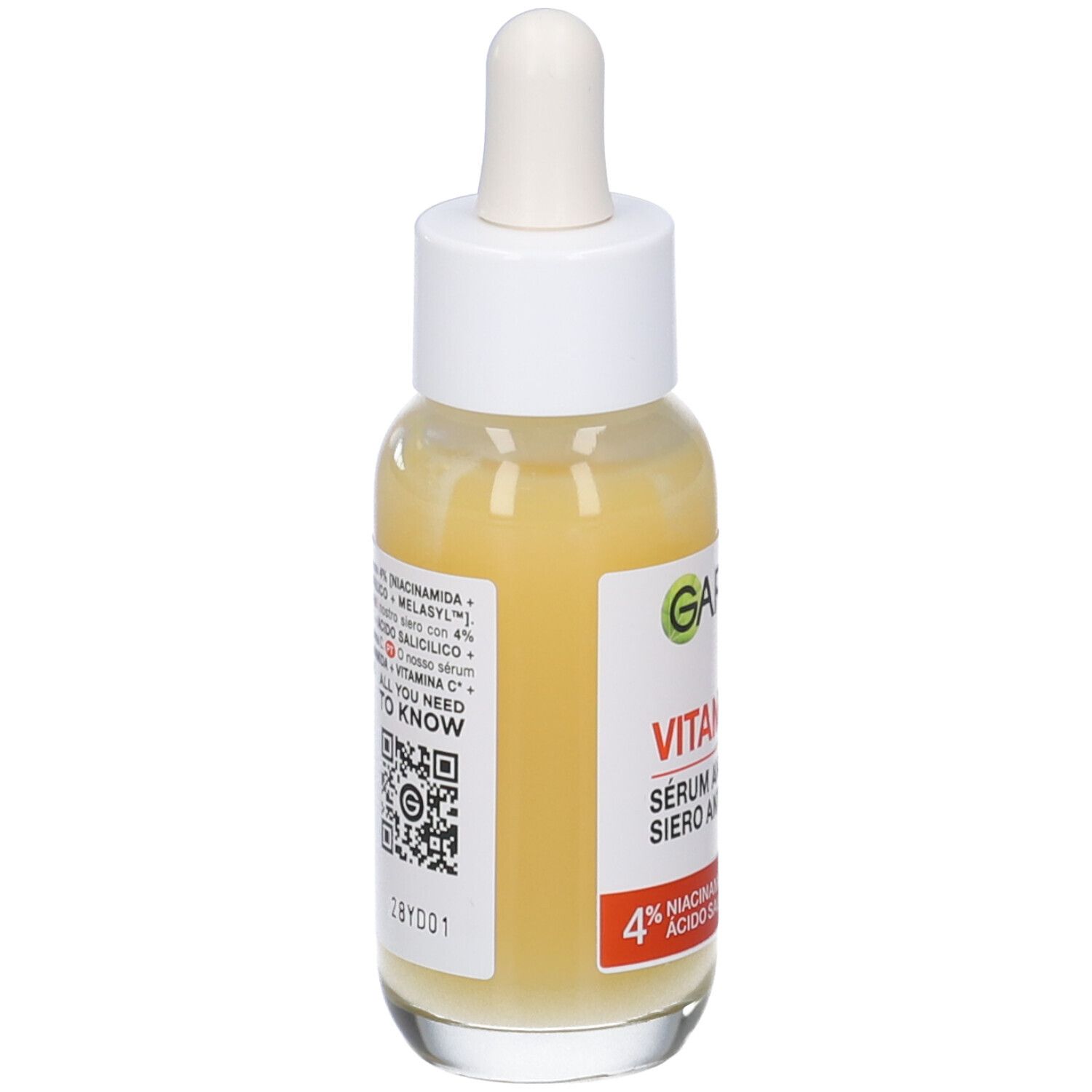 Siero Garnier Vitamin C+. Retro del flacone. Testo: ingredienti, codice QR, informazioni.