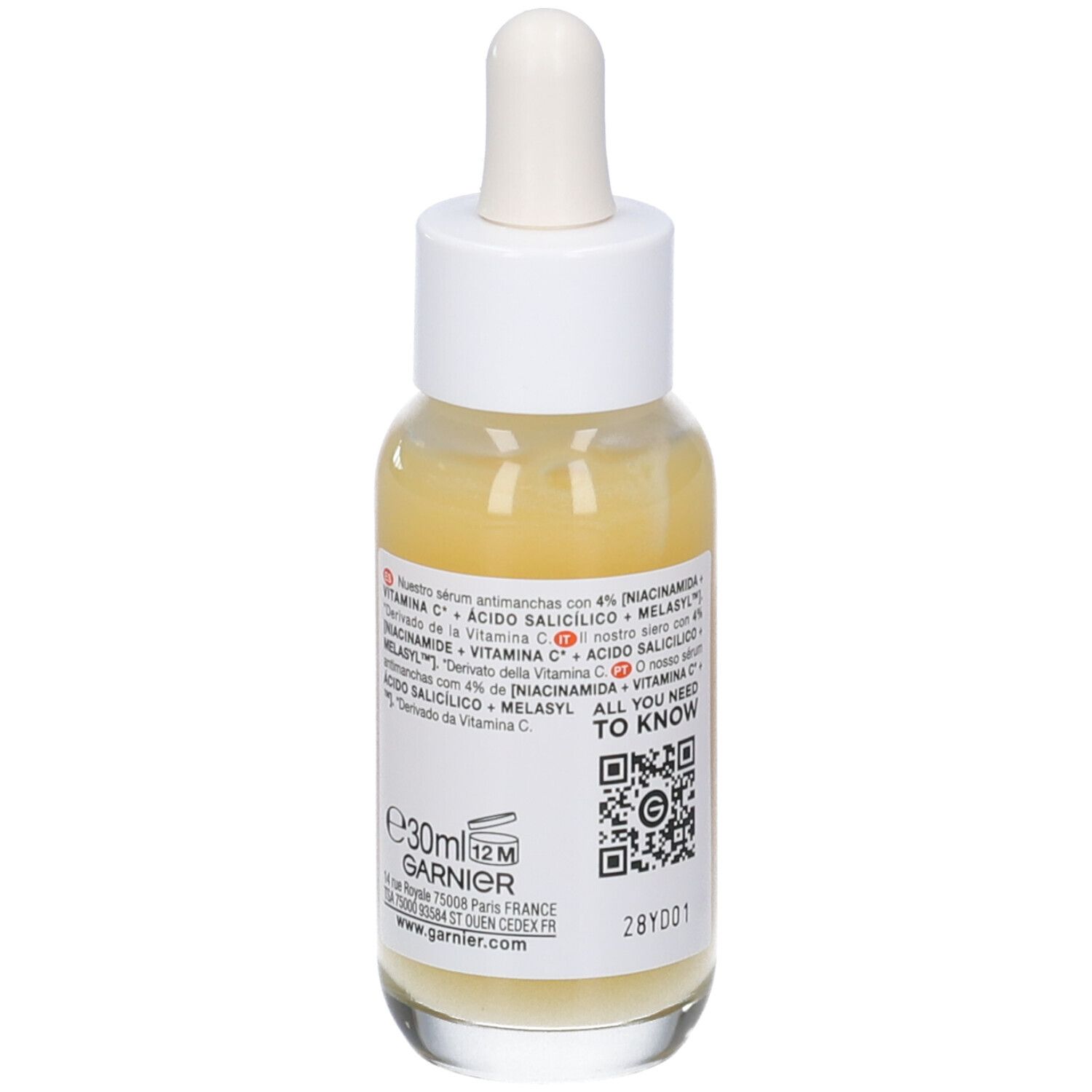 Siero Garnier Vitamin C+. Retro del flacone. Testo: ingredienti, codice QR, informazioni.