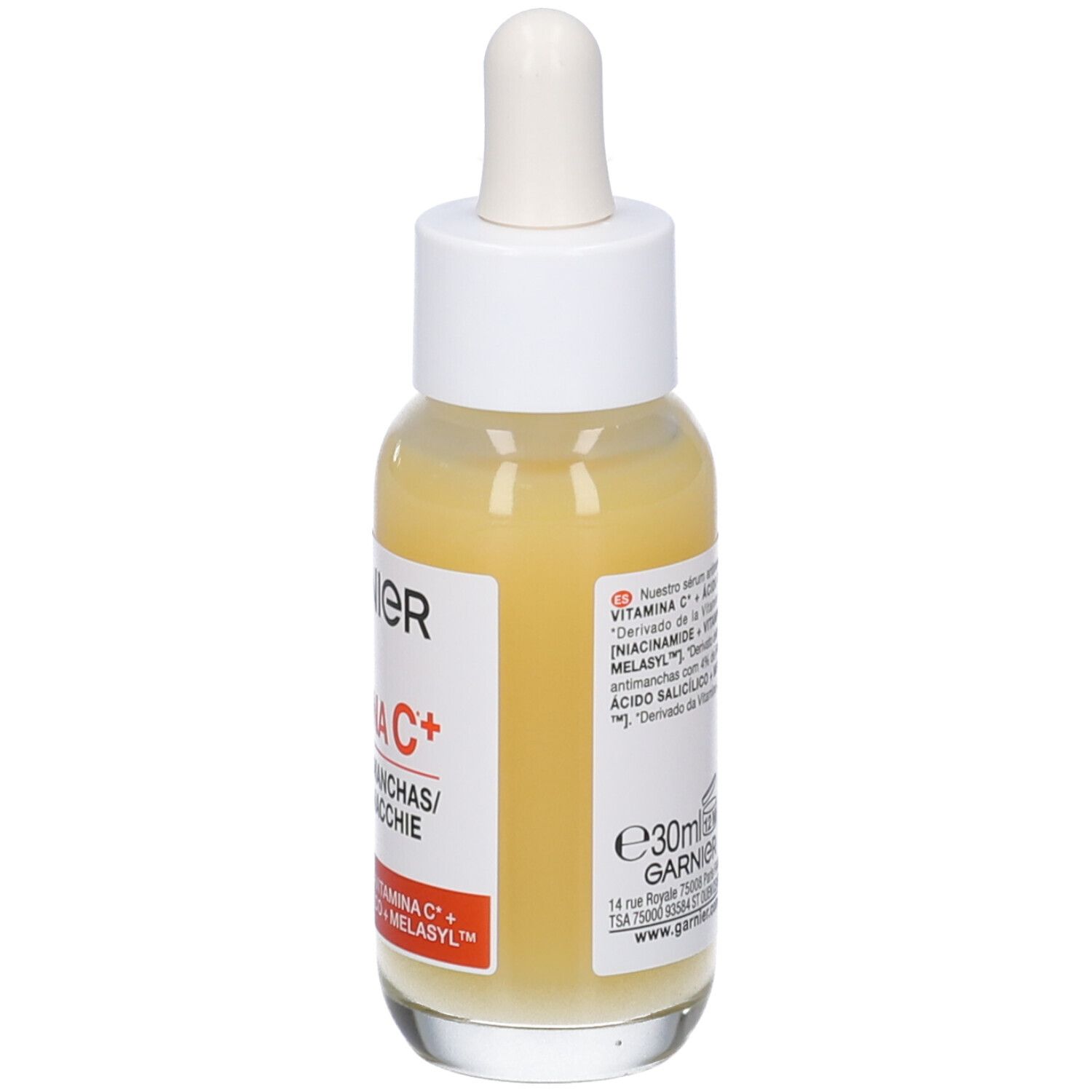 Siero Garnier Vitamin C+. Retro del flacone. Testo: ingredienti, codice QR, informazioni.
