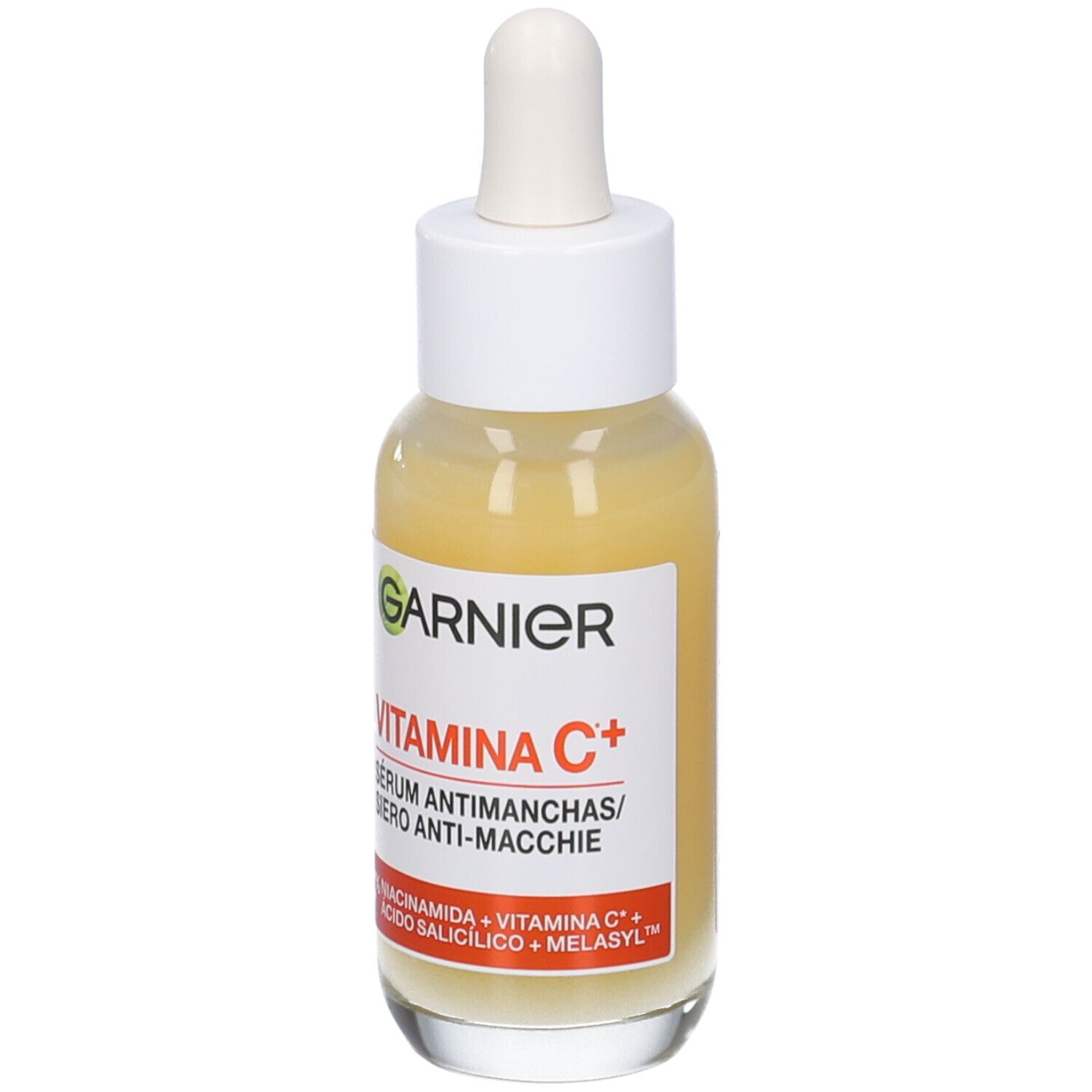 Siero Garnier Vitamin C+. Flacone con contagocce. Scritta: Vitamin C+, Siero anti-macchie.