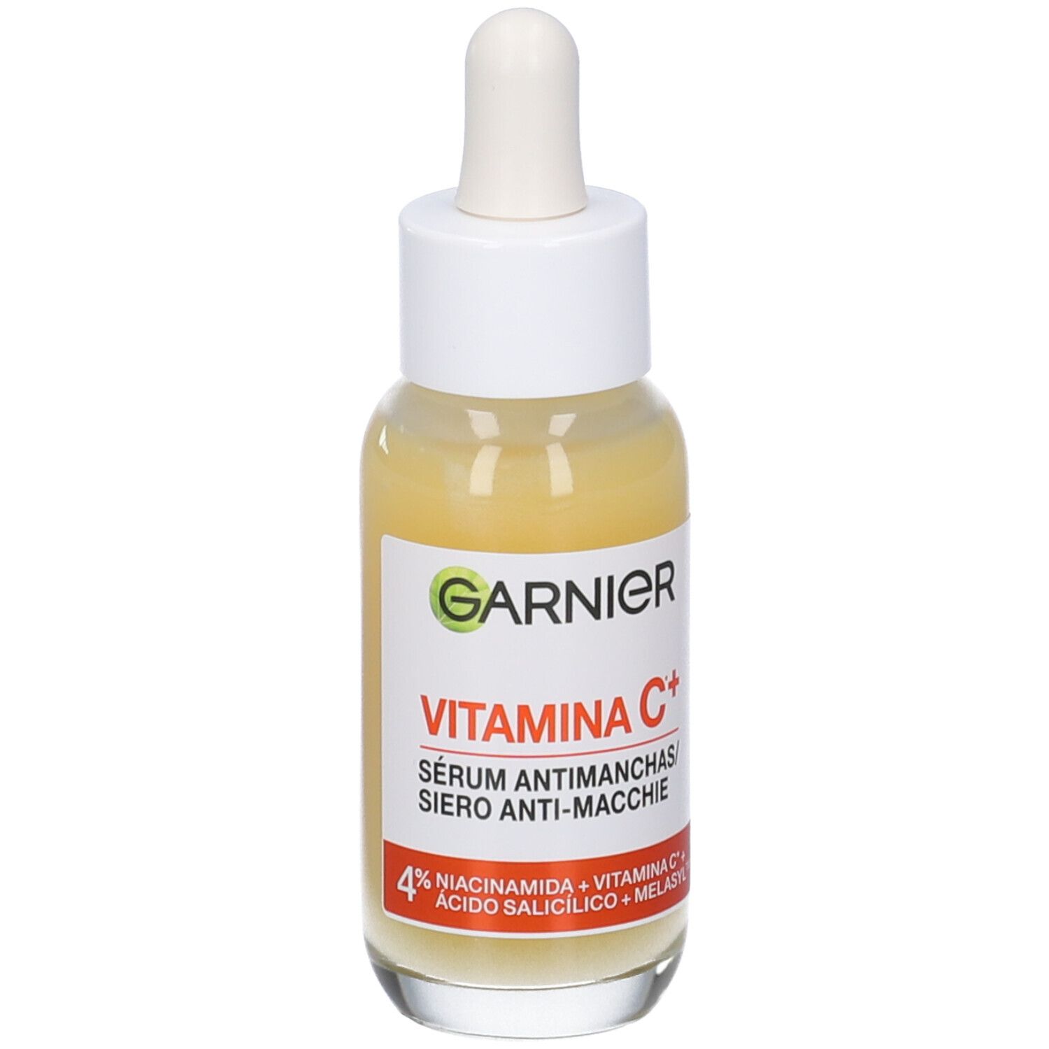 Siero Garnier Vitamin C+. Flacone con contagocce. Scritta: Vitamin C+, Siero anti-macchie.