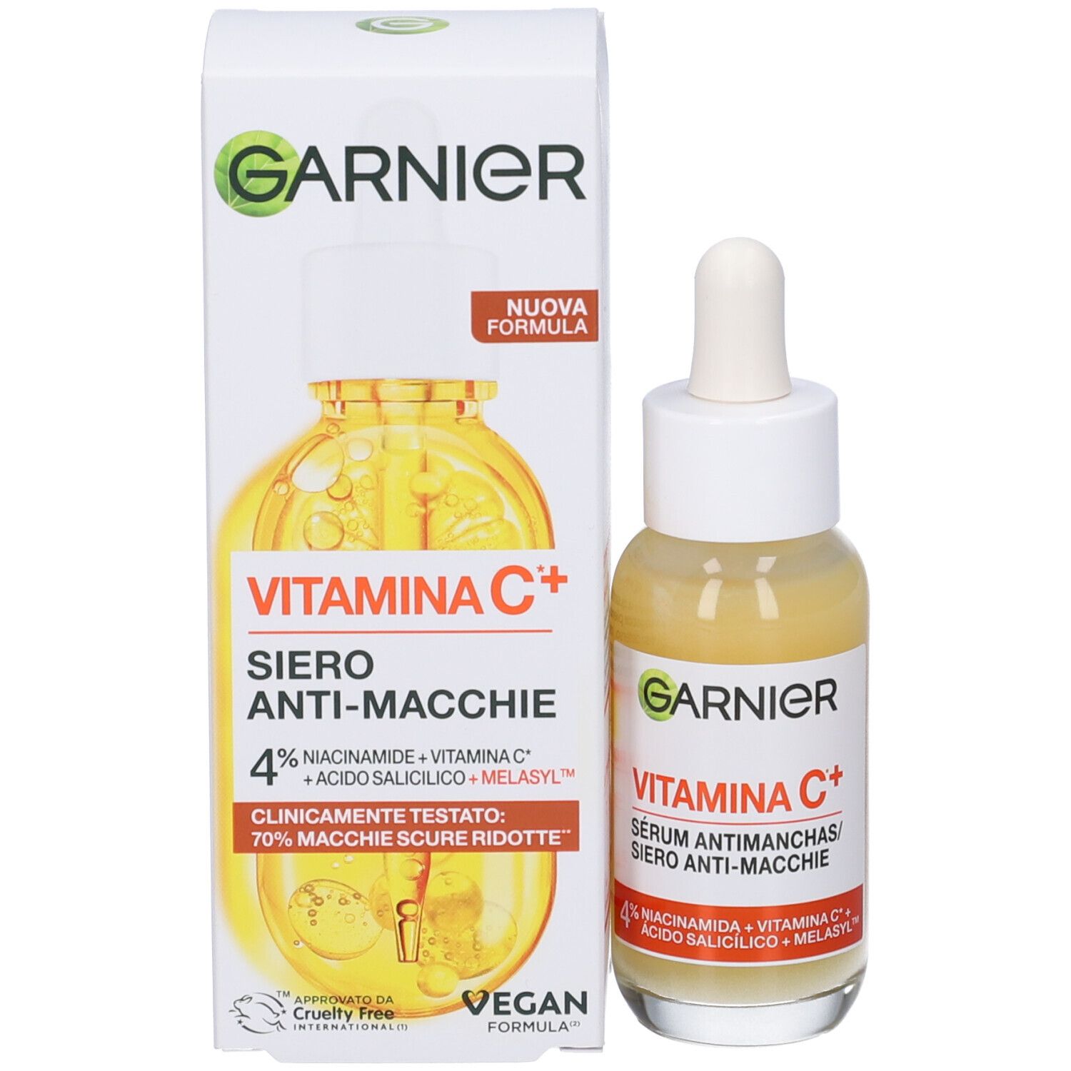 Siero Garnier Vitamin C+ e confezione. Scritta: Vitamin C+, Siero anti-macchie, vegano.