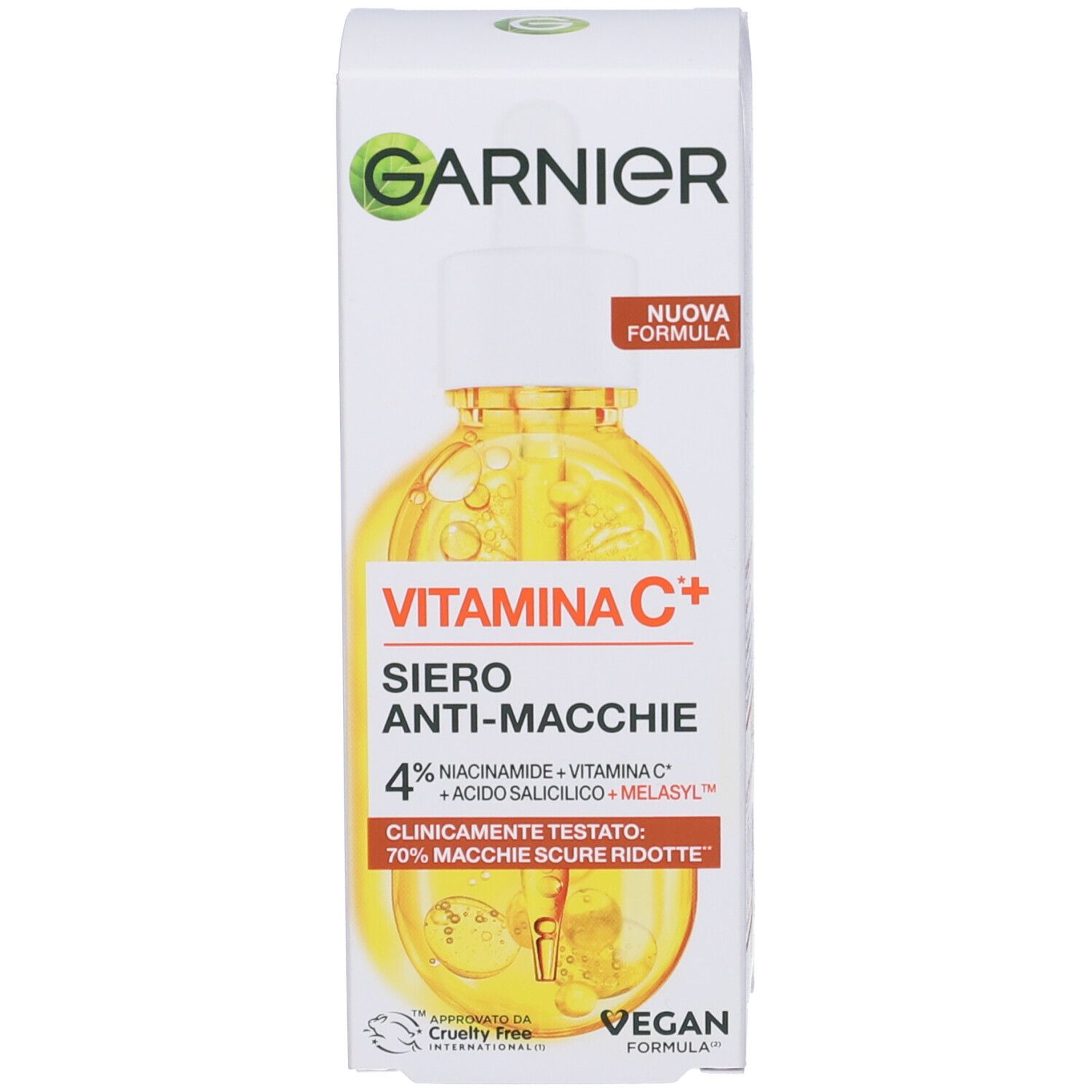 Confezione del siero Garnier Vitamin C+. Scritta: Vitamin C+, Siero anti-macchie, vegano.