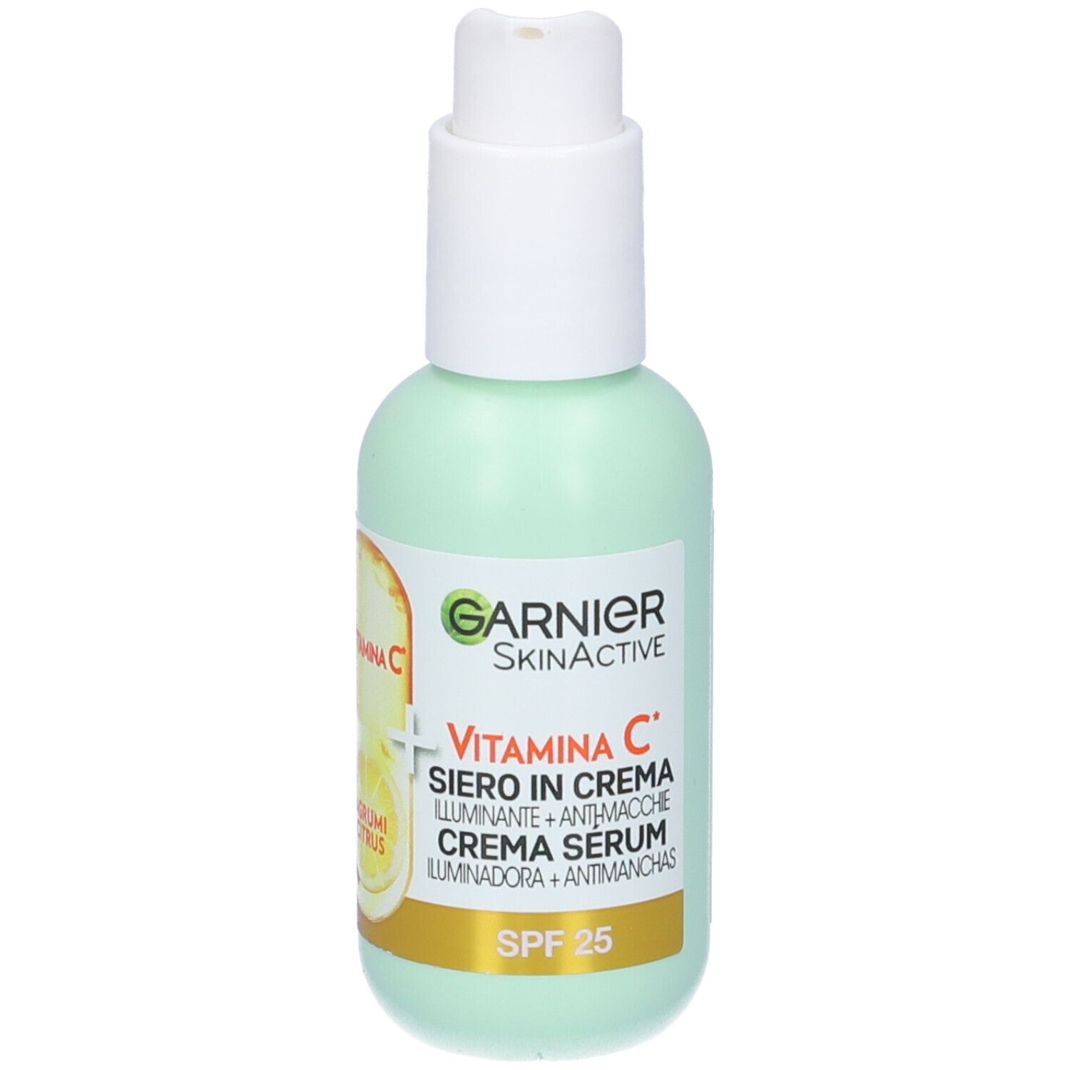 Flacone verde Garnier SkinActive Vitamin C Siero in Crema. Con SPF 25. Testina bianca.