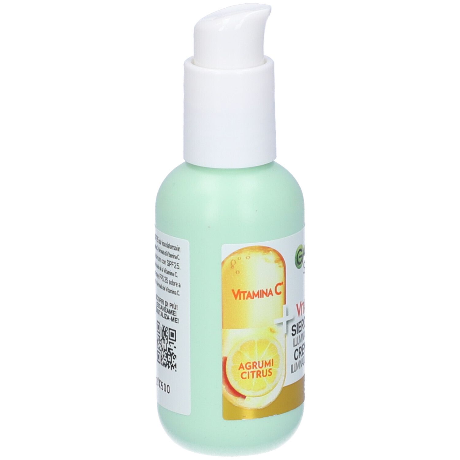 Flacone verde Garnier SkinActive Vitamin C Siero in Crema. Retro con testo e codice QR. SPF 25.