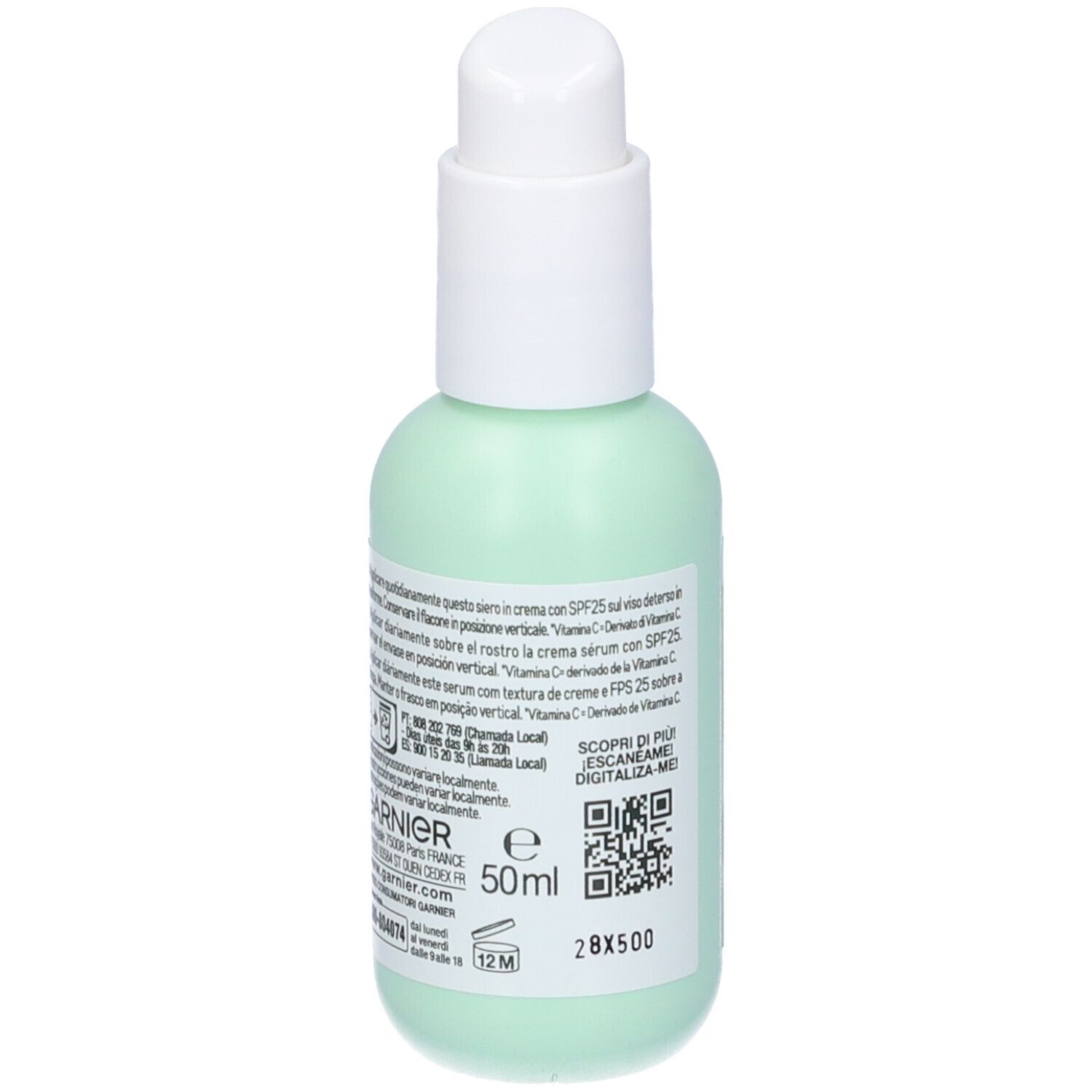 Flacone verde Garnier SkinActive Vitamin C Siero in Crema. Retro con testo, 50ml. Con codice QR.