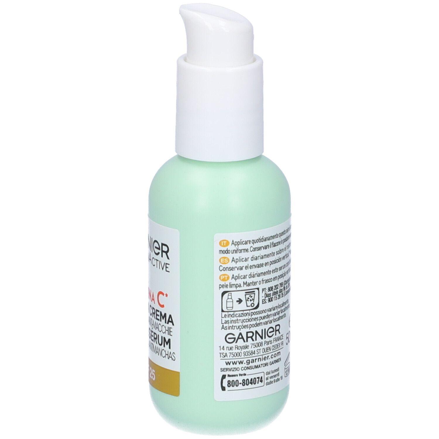 Flacone verde Garnier SkinActive Vitamin C Siero in Crema. Retro con testo. Con SPF 25.