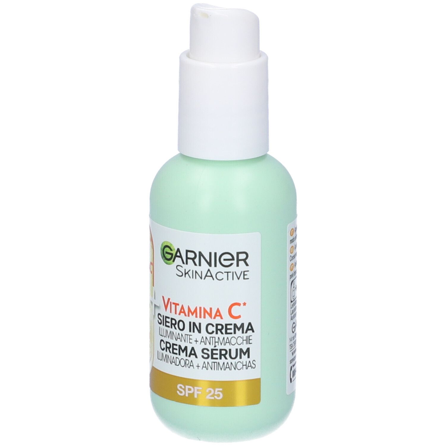 Flacone verde Garnier SkinActive Vitamin C Siero in Crema. Con SPF 25. Testina bianca.