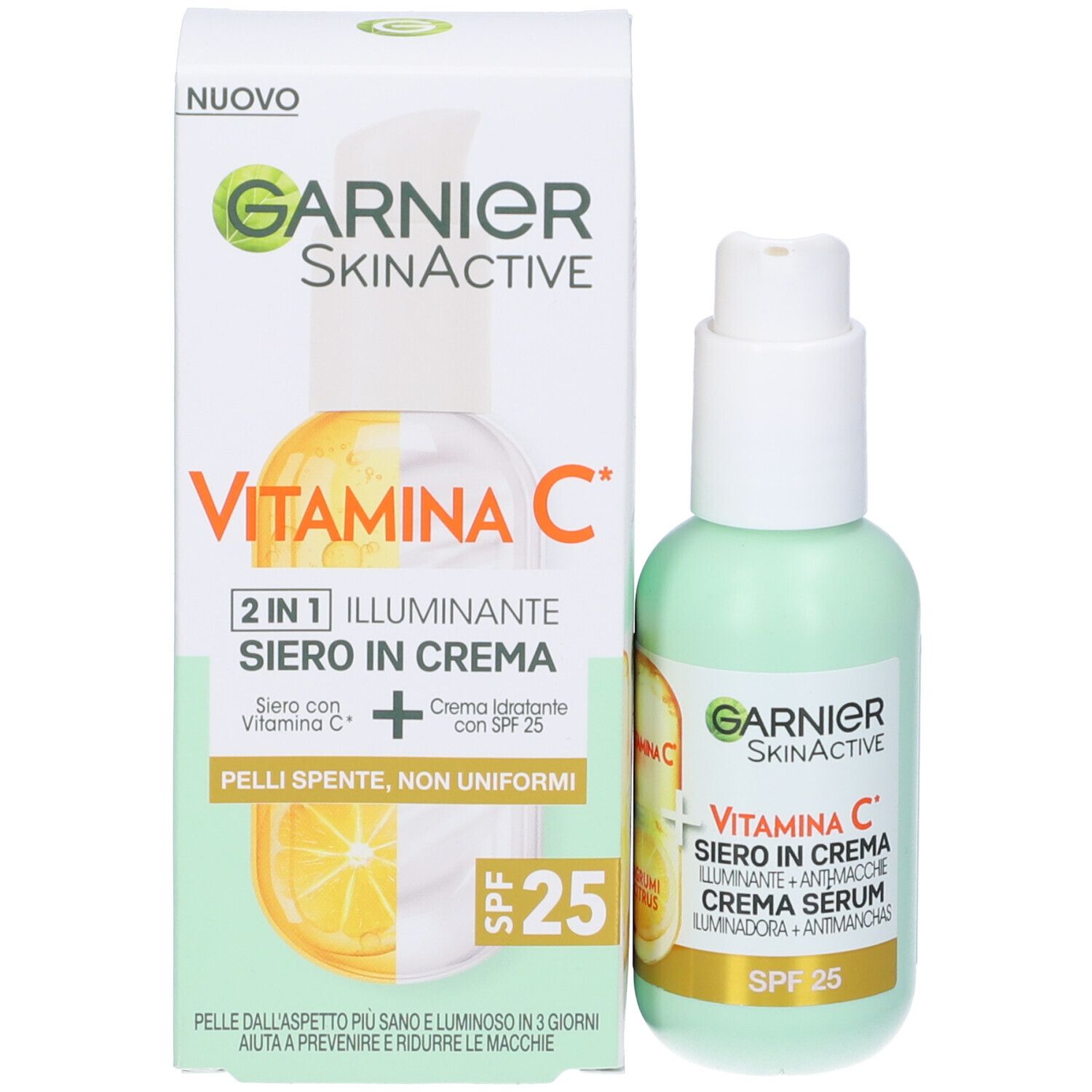 Garnier SkinActive Vitamin C Siero in Crema e confezione. Con SPF 25. Testina bianca.