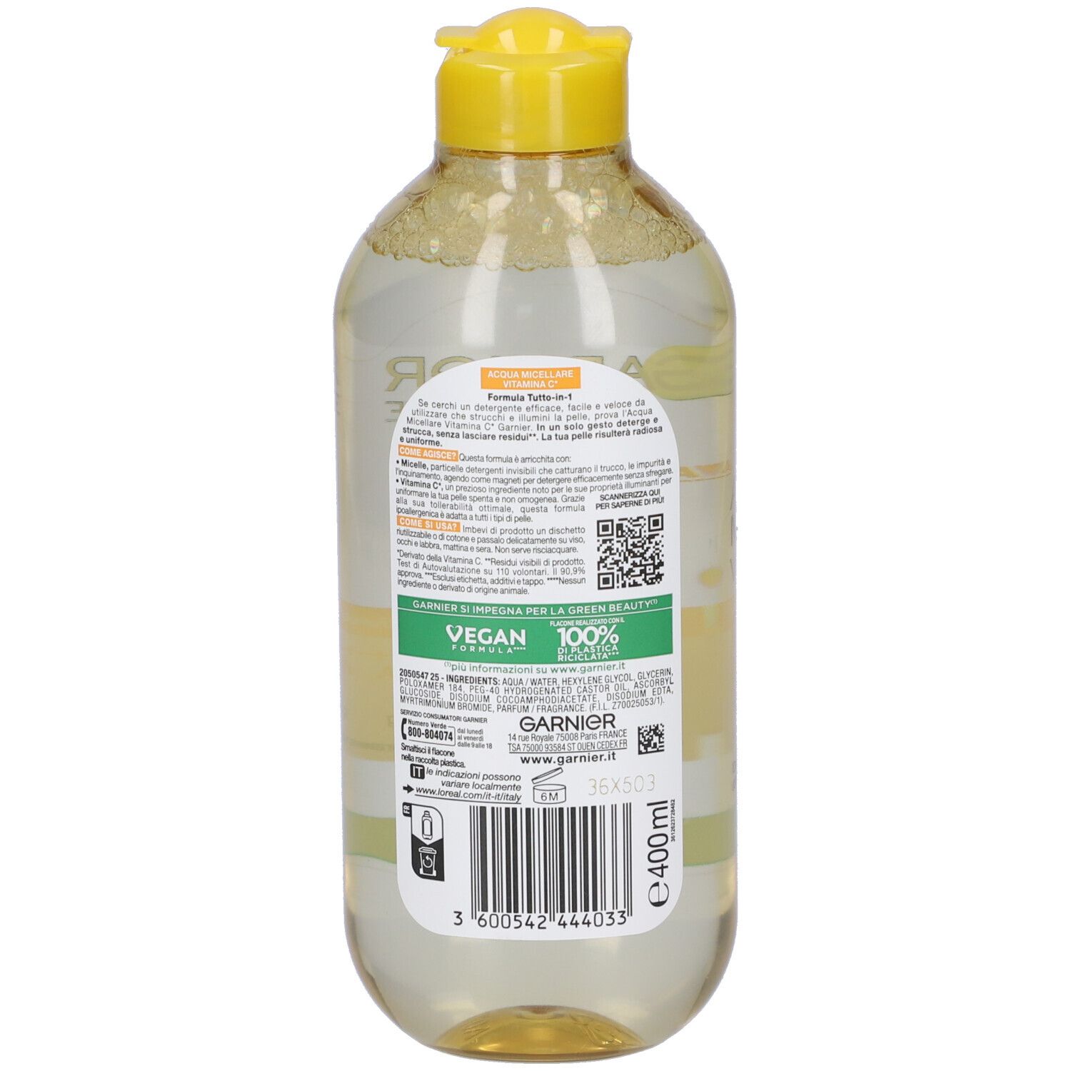 Retro della bottiglia Garnier SkinActive Acqua Micellare. Testo e codice a barre. Scritta: Vegan, 100% riciclato.