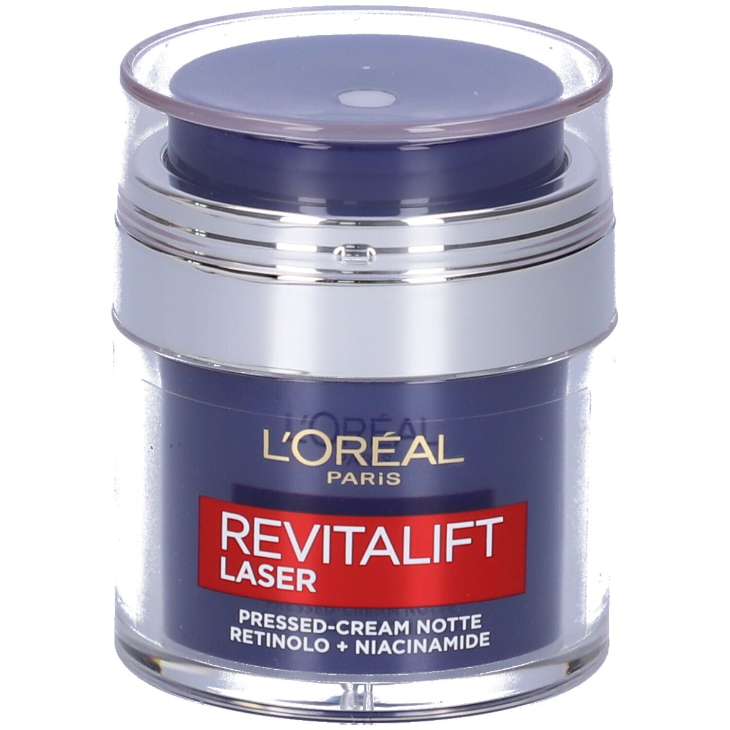 Vaso di crema con coperchio. Scritta: L'Oréal Paris Revitalift Laser, Pressed-Cream Notte, Retinolo + Niacinamide.