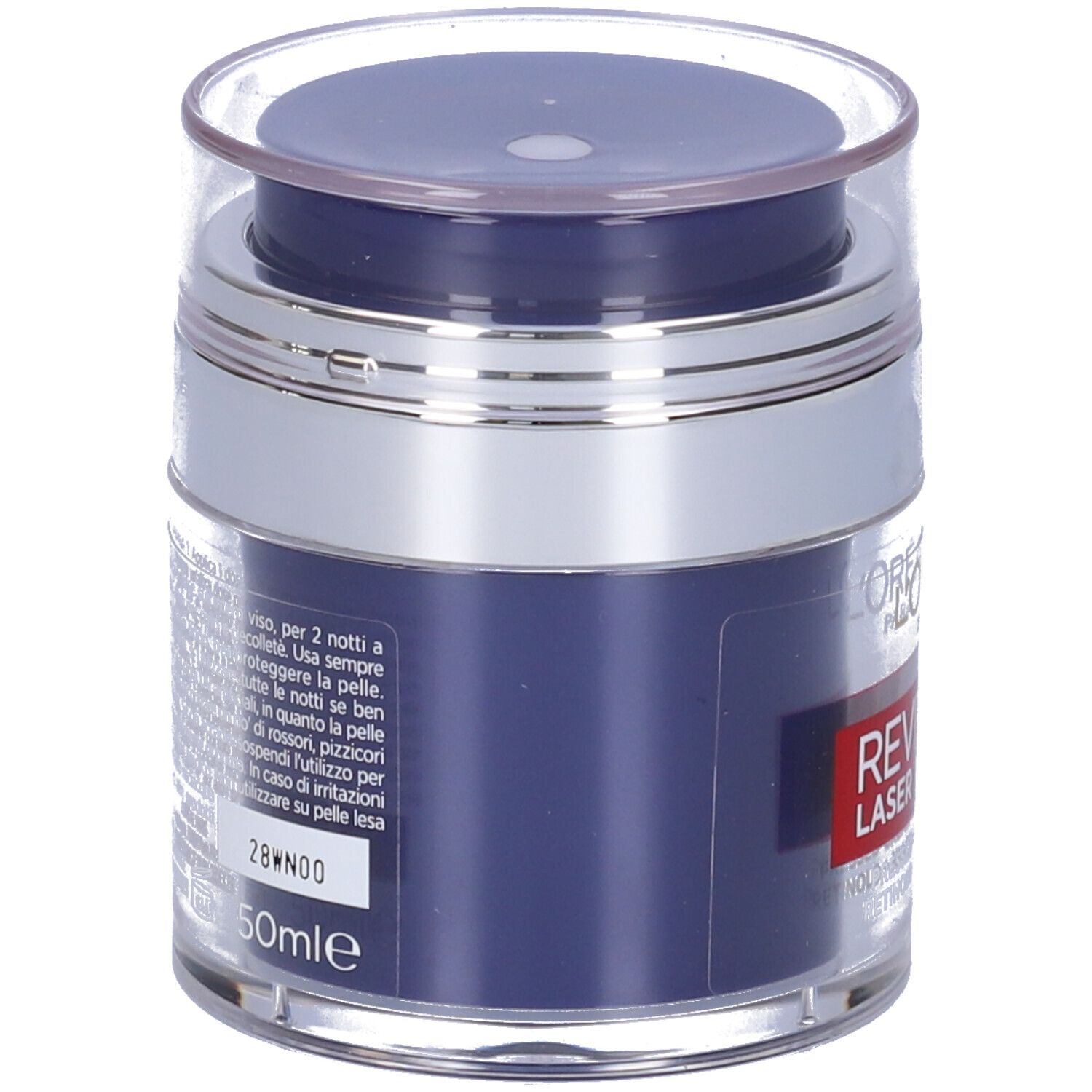 Vaso di crema, retro. Scritta: Revitalift Laser, 50ml. Testo in italiano.