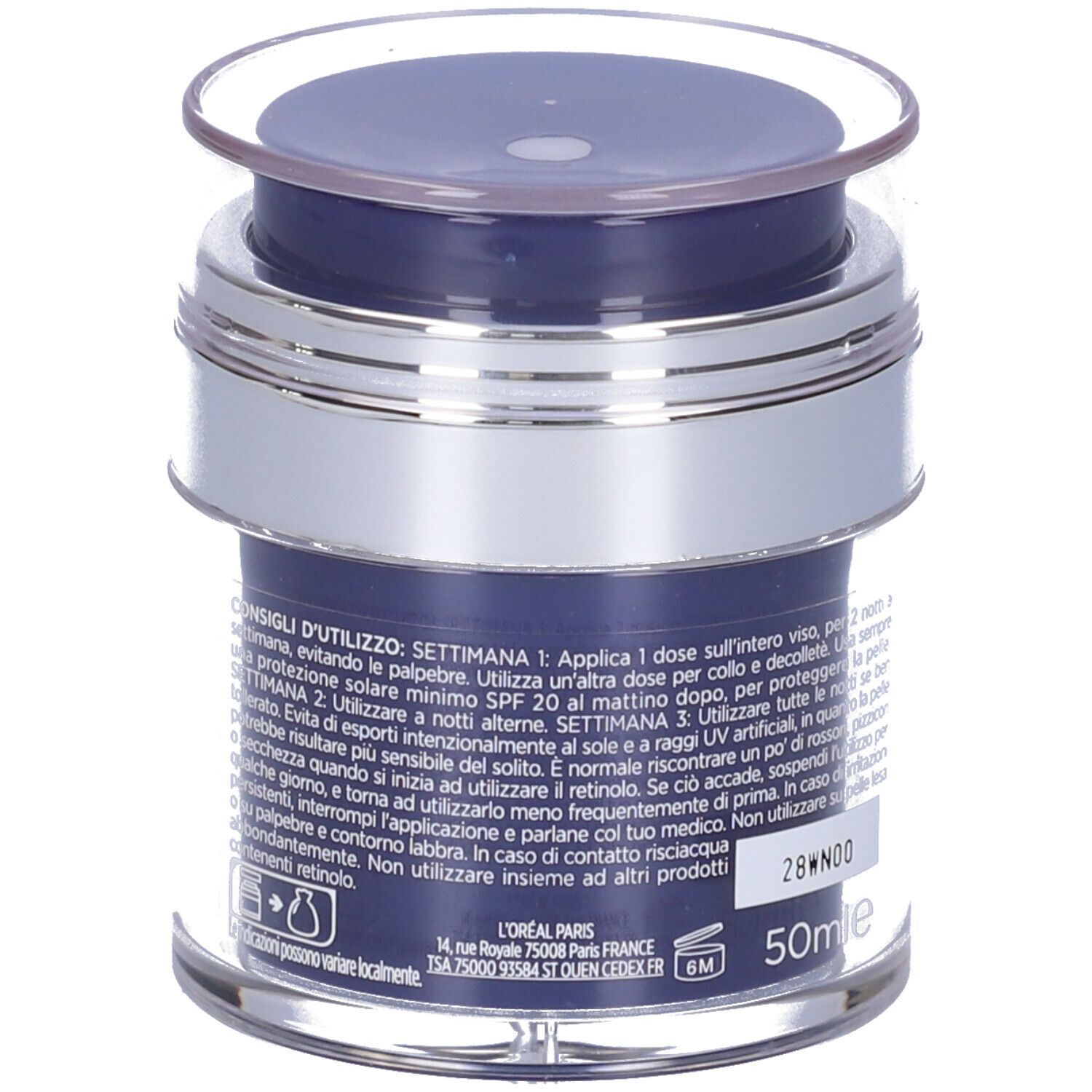 Vaso di crema, retro. Testo in italiano, con scritta 50ml.