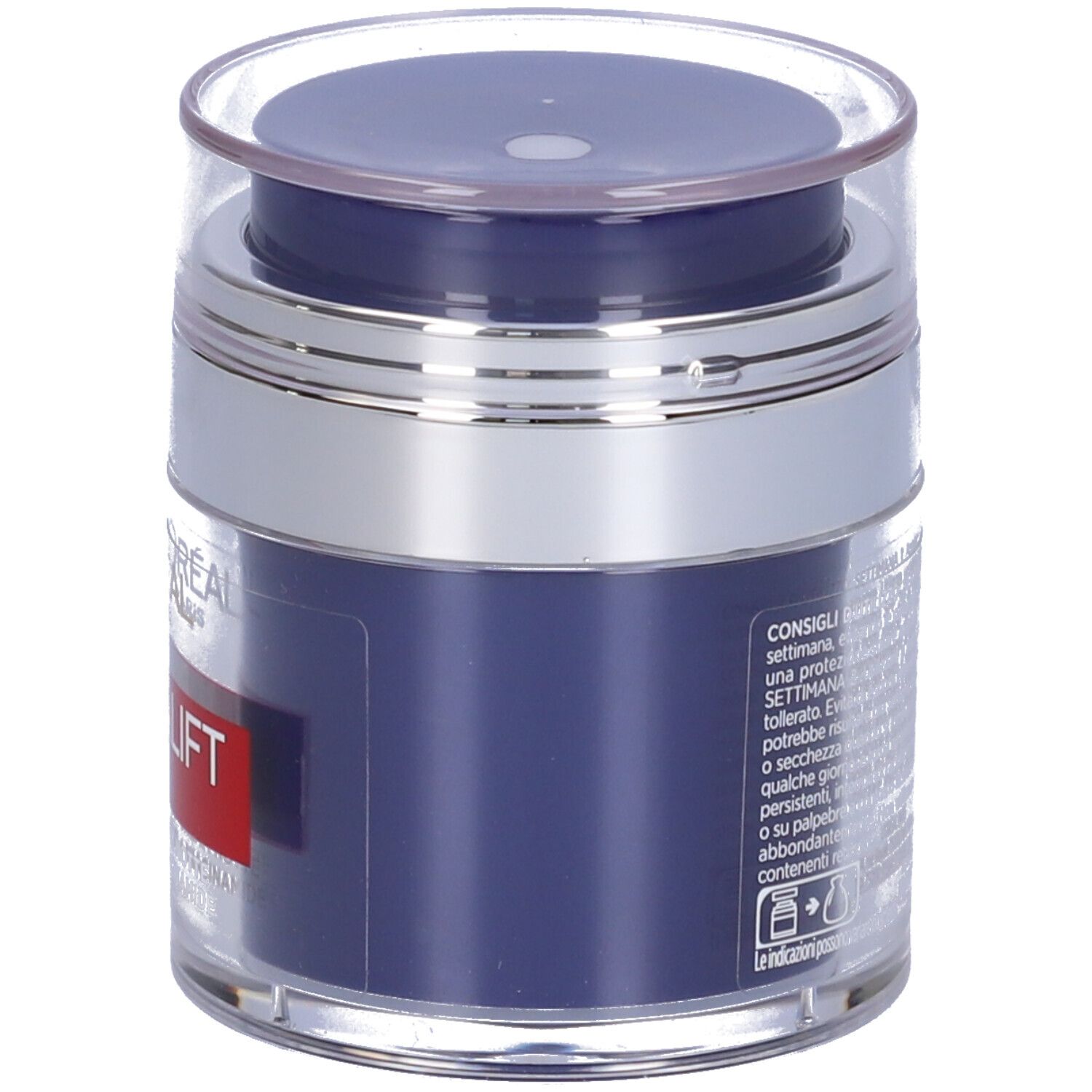 Vaso di crema, lato. Scritta: Revitalift Laser. Testo in italiano.