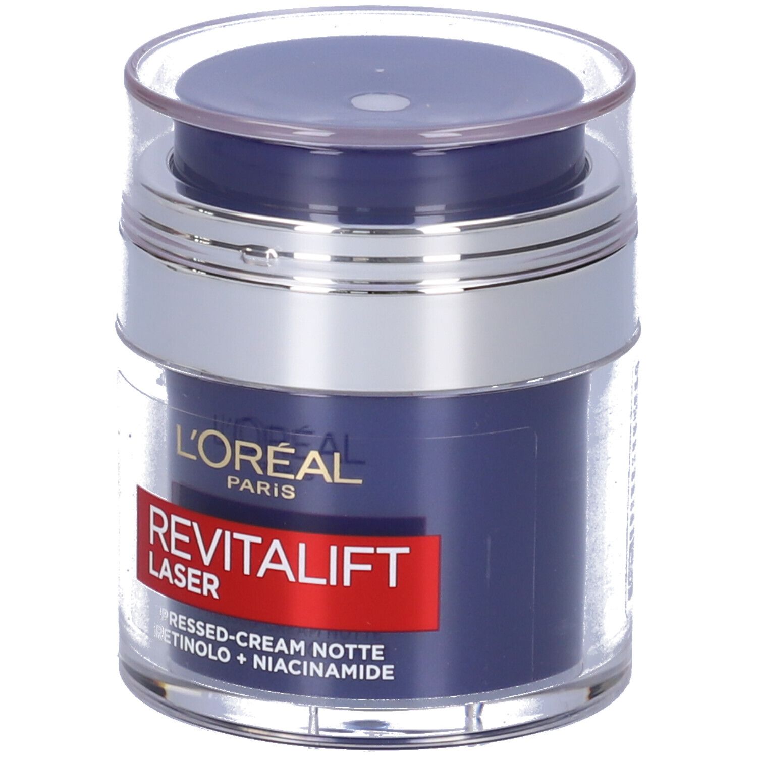 Vaso di crema con coperchio. Scritta: L'Oréal Paris Revitalift Laser, Pressed-Cream Notte, Retinolo + Niacinamide.