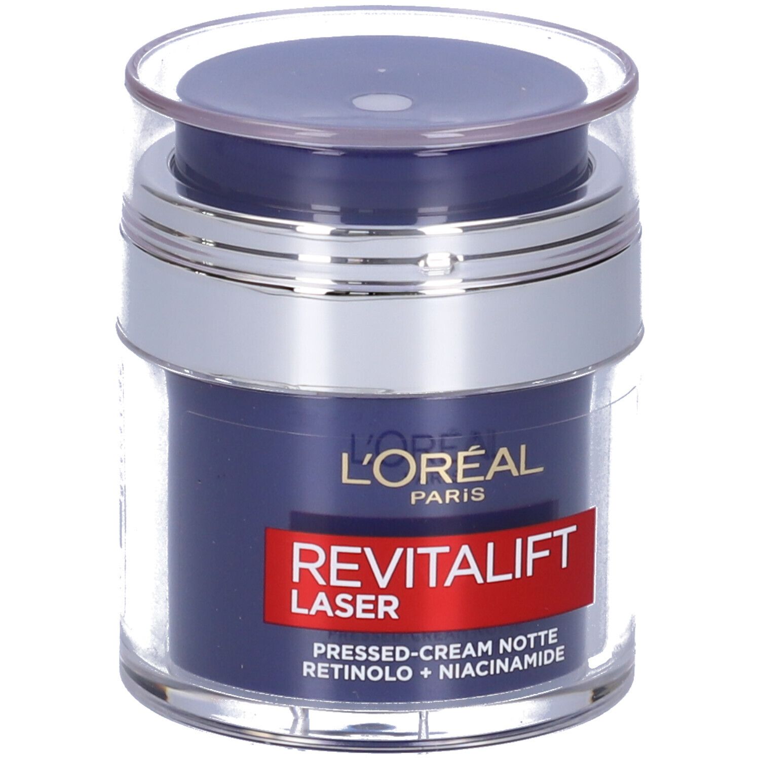 Vaso di crema con coperchio. Scritta: L'Oréal Paris Revitalift Laser, Pressed-Cream Notte, Retinolo + Niacinamide.