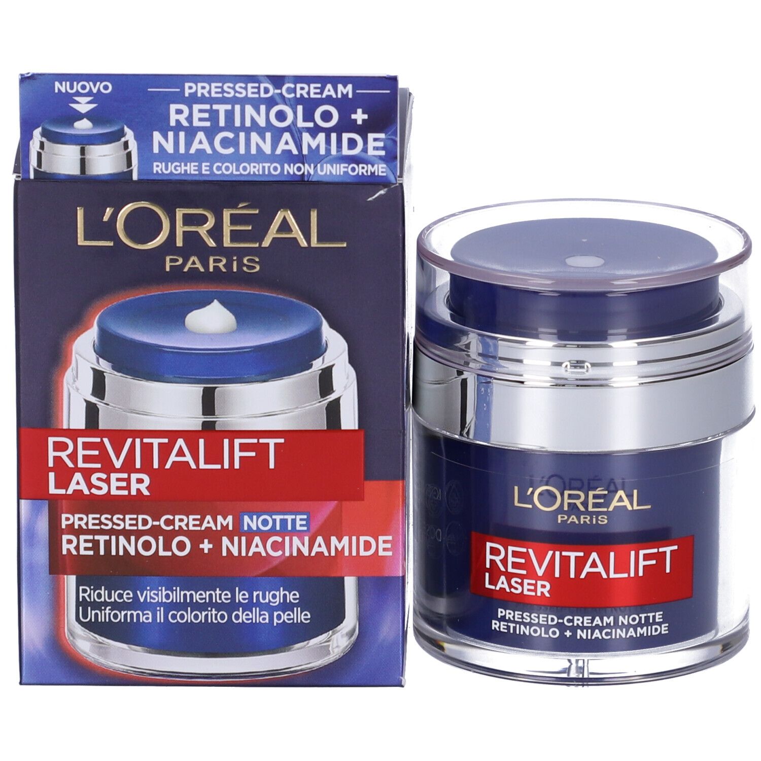 Confezione del prodotto e vaso di crema. Scritta: L'Oréal Paris Revitalift Laser, Pressed-Cream Notte, Retinolo + Niacinamide.