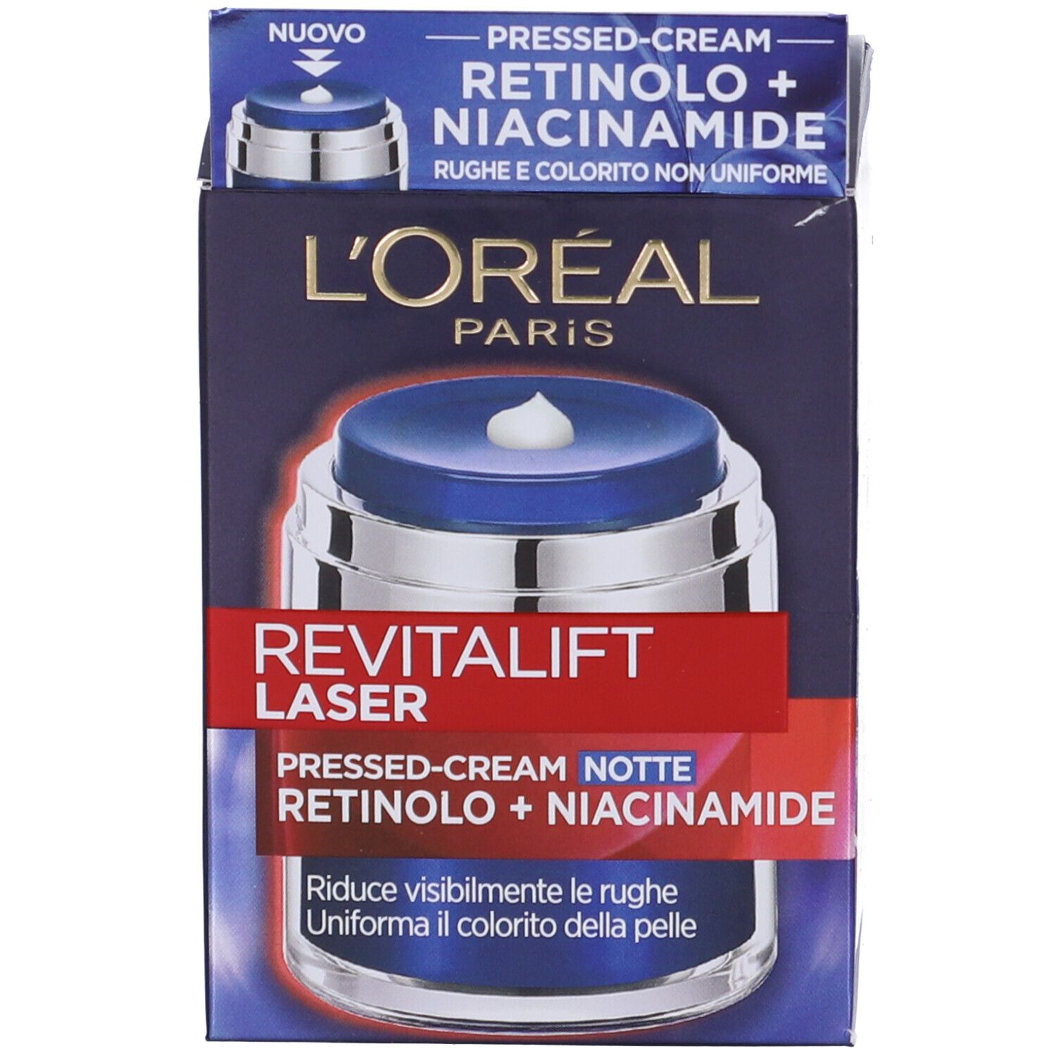 Confezione del prodotto. Scritta: L'Oréal Paris Revitalift Laser, Pressed-Cream Notte, Retinolo + Niacinamide.