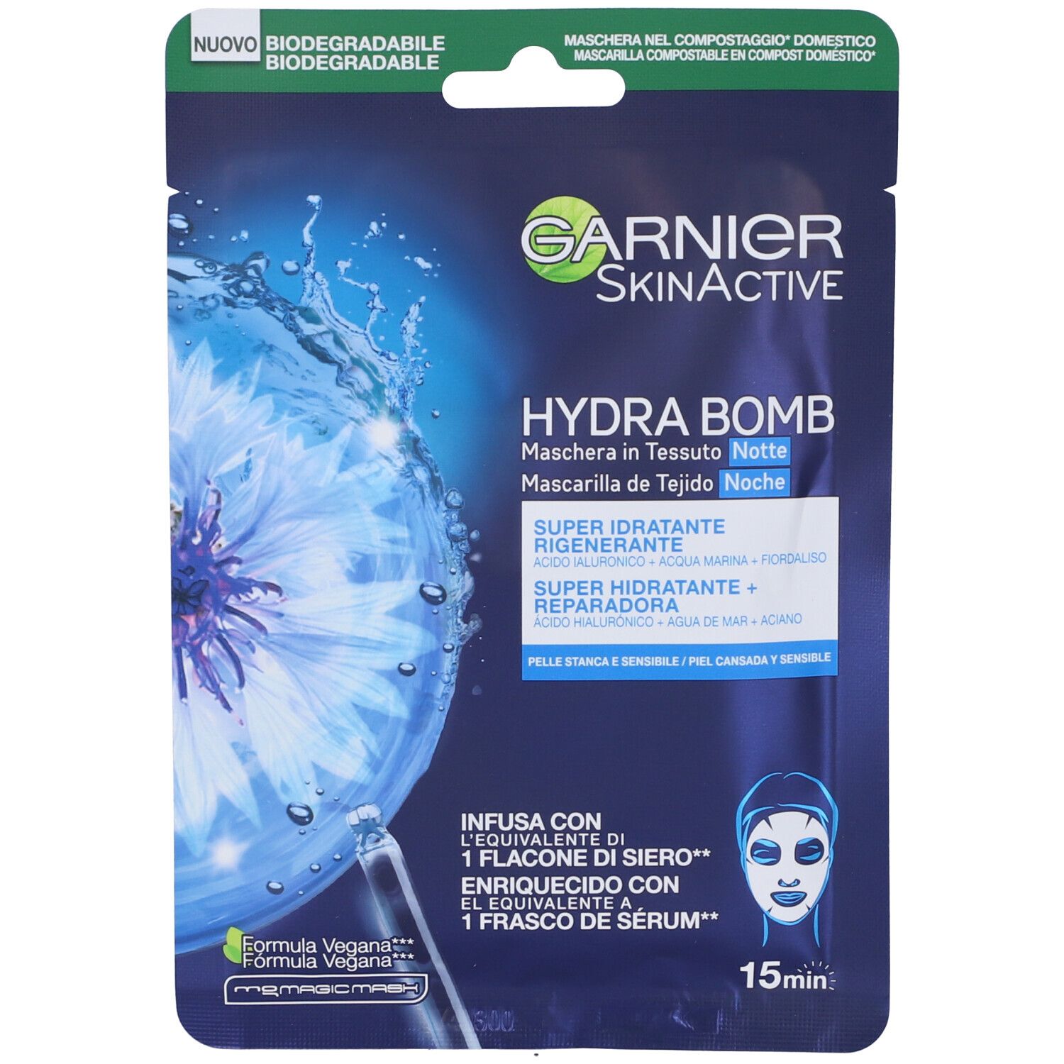 Maschera viso Garnier SkinActive Hydra Bomb. Confezione con informazioni e logo. Confezione blu.
