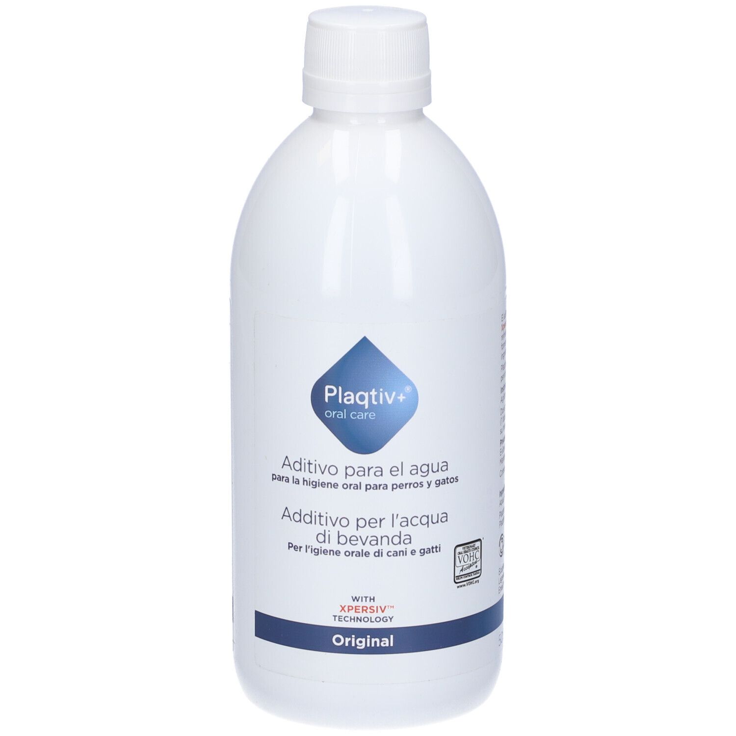 Bottiglia bianca con etichetta blu. Scritta: Plaqtiv+ oral care, Additivo per l'acqua di bevanda, Original.