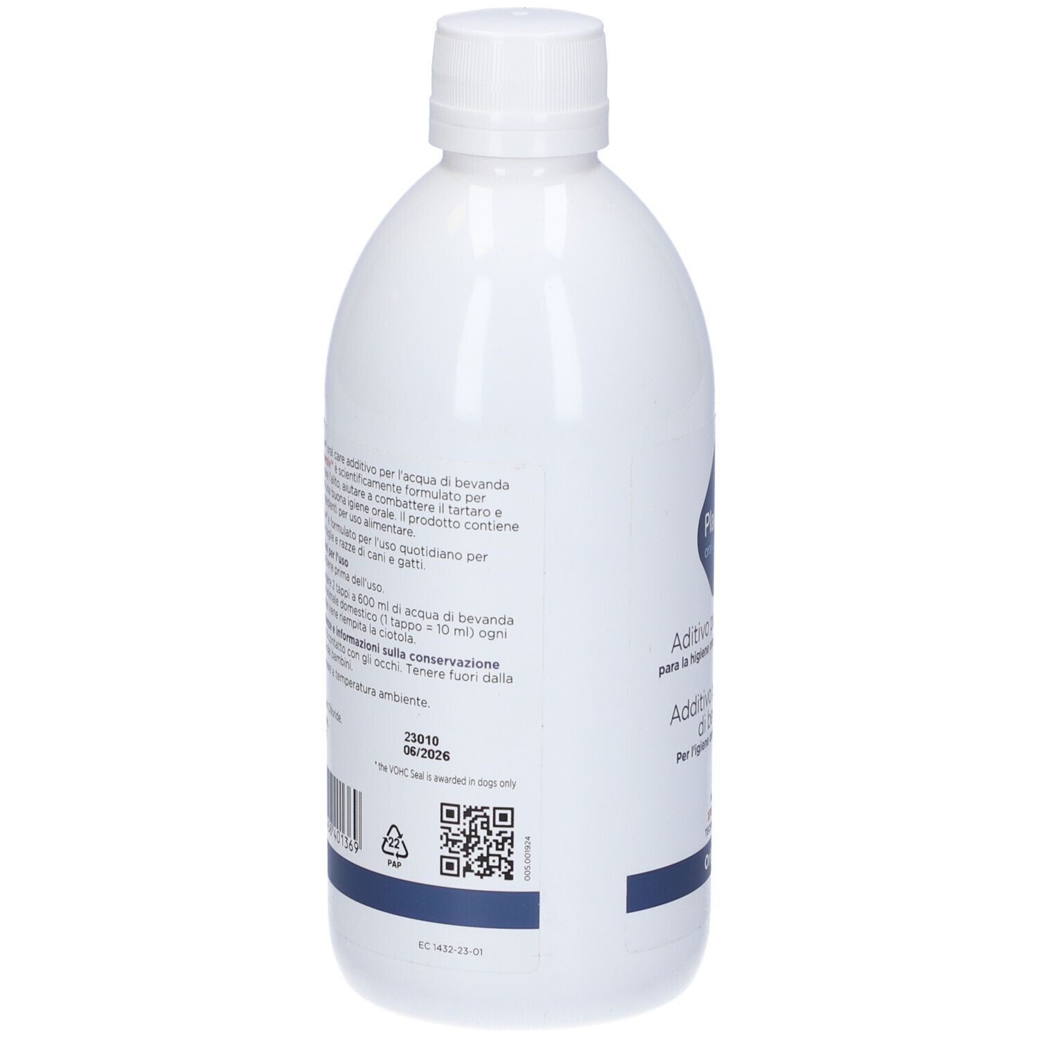 Bottiglia bianca con etichetta blu. Testo e codice QR sul retro. Scritta: Additivo per l'acqua di bevanda.