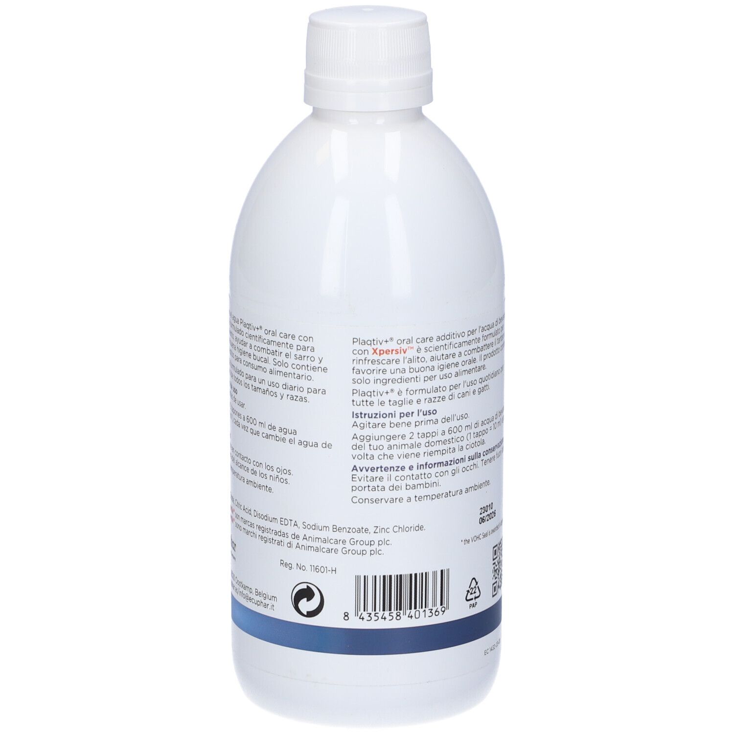 Bottiglia bianca con etichetta blu. Testo sul retro. Scritta: Additivo per l'acqua di bevanda, Plaqtiv+ oral care.