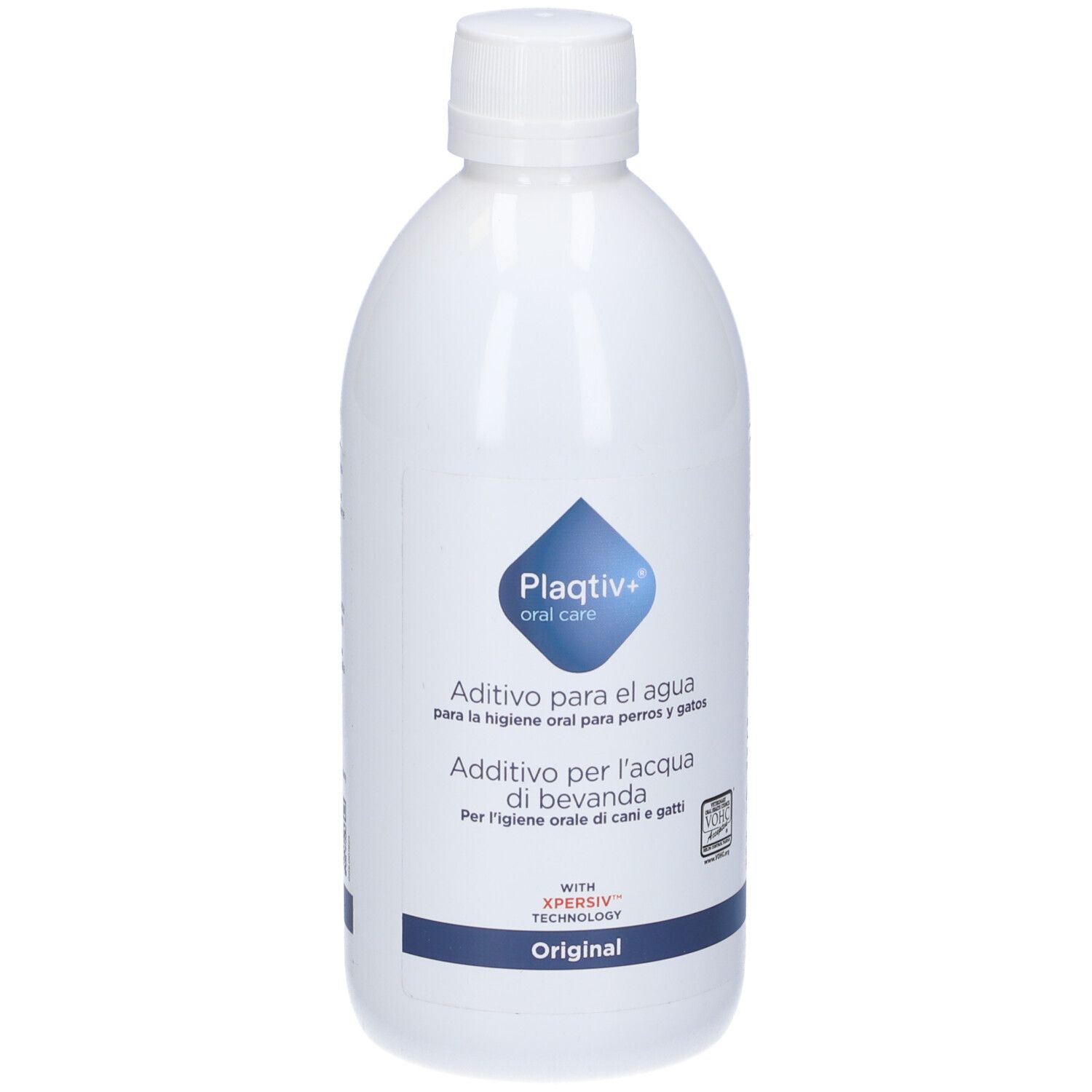 Bottiglia bianca con etichetta blu. Scritta: Plaqtiv+ oral care, Additivo per l'acqua di bevanda, Original.