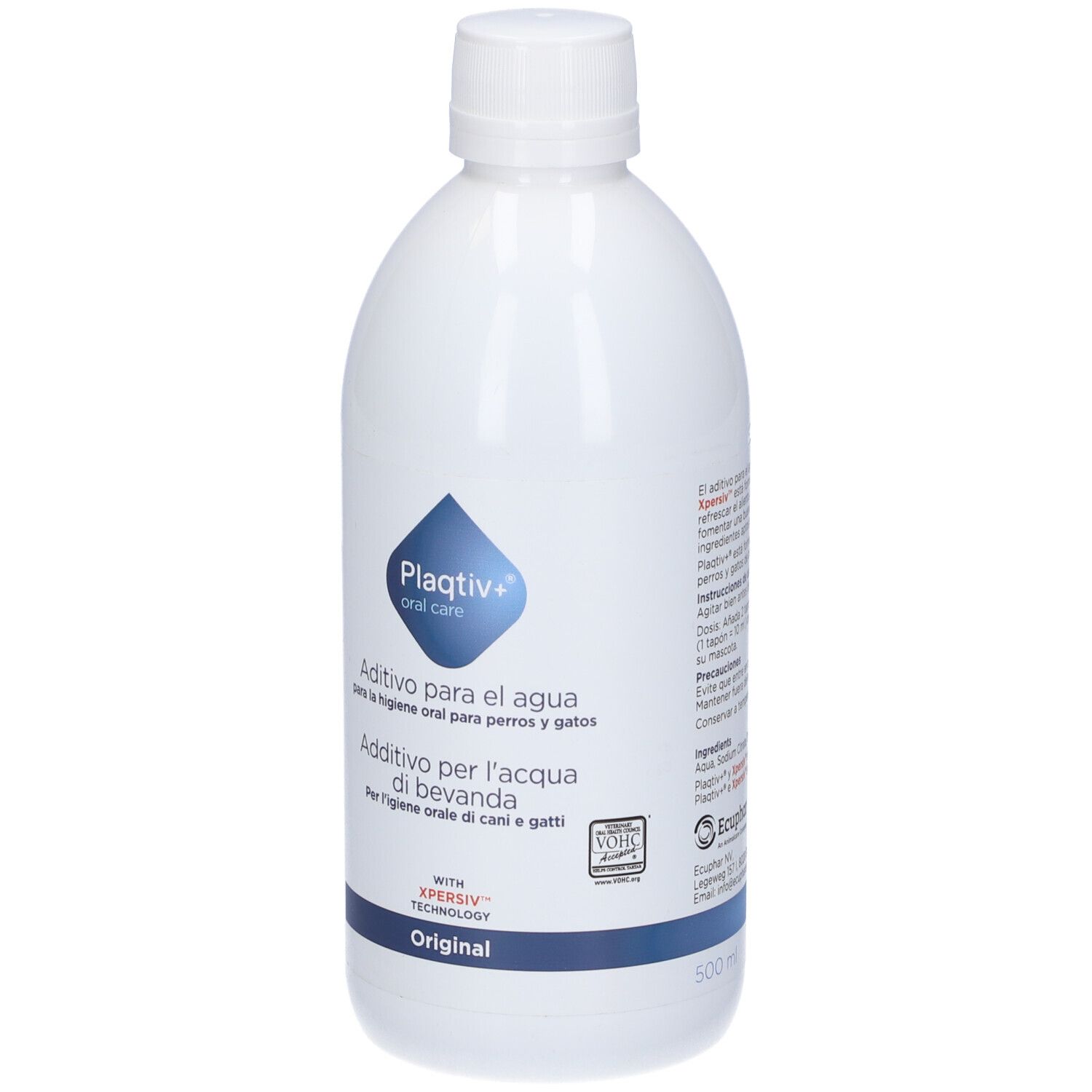 Bottiglia bianca con etichetta blu. Scritta: Plaqtiv+ oral care, Additivo per l'acqua di bevanda, Original.