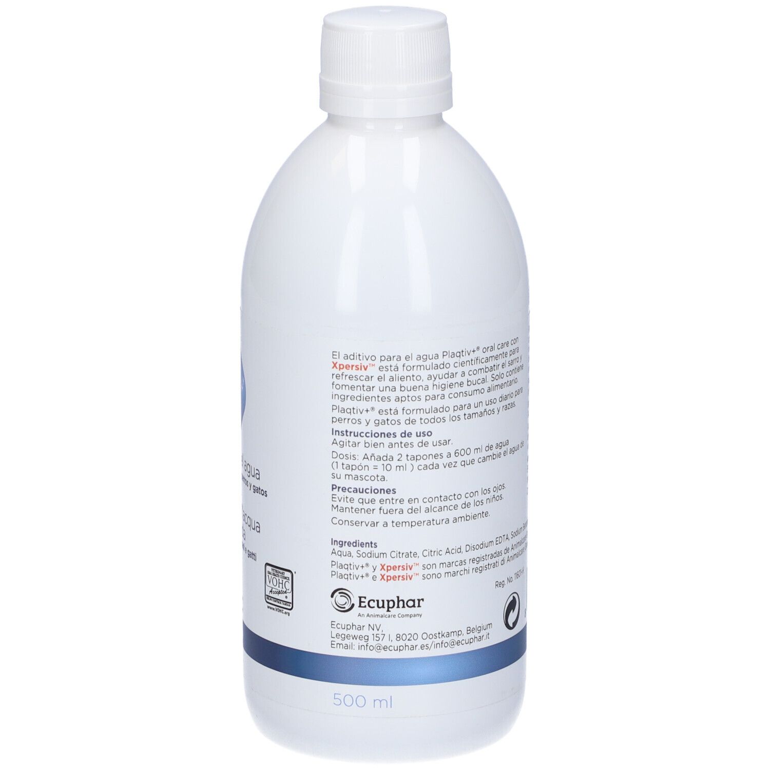 Bottiglia bianca con etichetta blu. Scritta: Additivo per l'acqua Plaqtiv+ oral care, 500 ml.