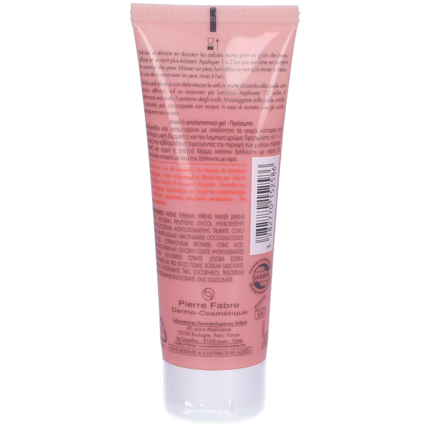 Retro del tubo rosa. Testo e ingredienti. Informazioni produttore e codice a barre.