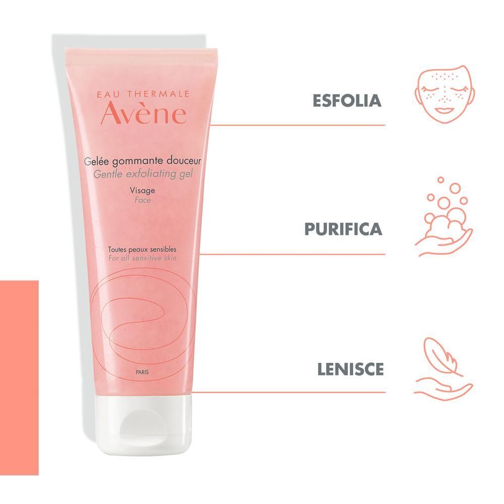 Tubo rosa con tappo bianco. Scritta: Eau Thermale Avène, Gelée gommante douceur, Visage. Illustrazioni: viso, schiuma, foglia.