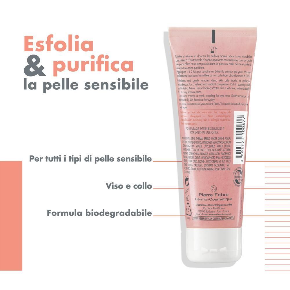 Retro del tubo rosa. Testo: Esfolia & purifica la pelle sensibile. Ingredienti e informazioni produttore. Codice a barre.