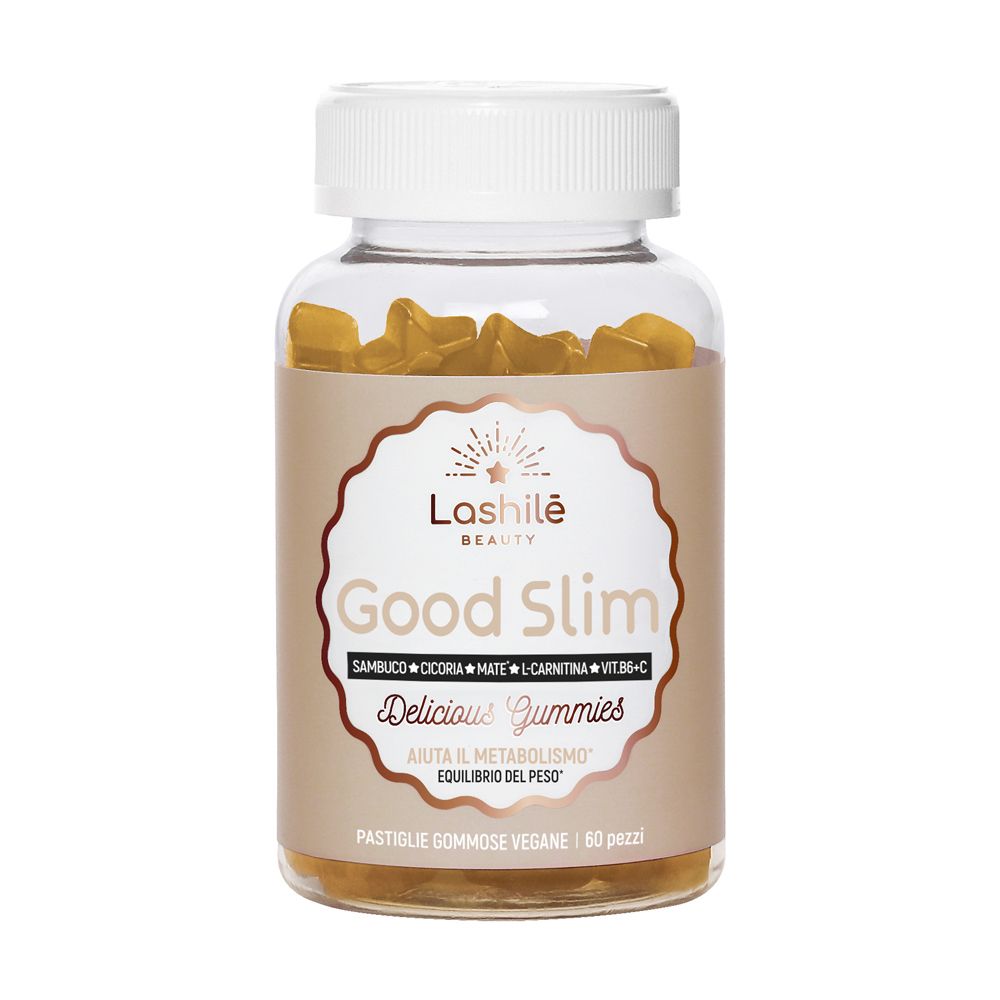 Barattolo di caramelle gommose Lashilè Good Slim. Ingredienti visibili. Vegano, 60 pezzi.