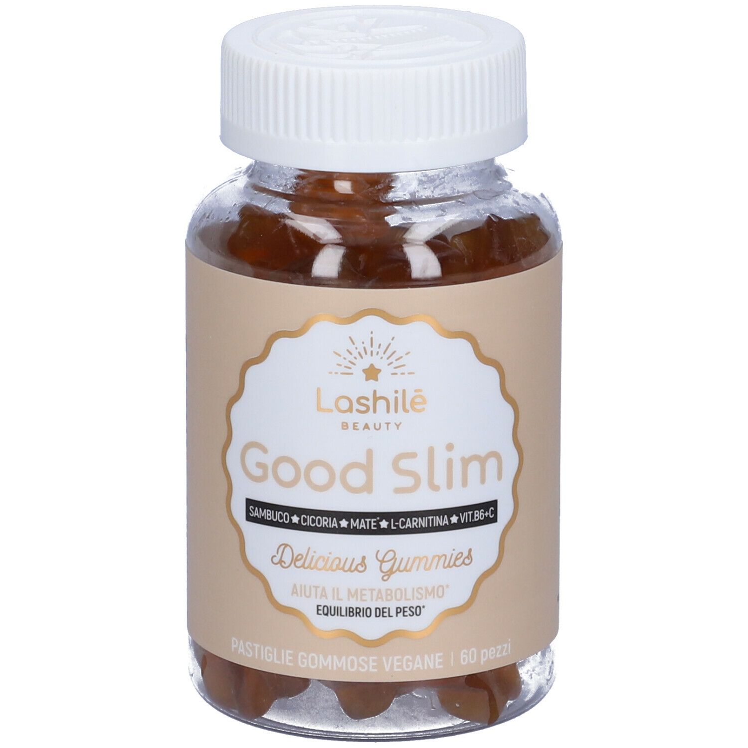 Bottiglia di caramelle gommose. Lashilè Good Slim. Vegano, 60 pezzi.