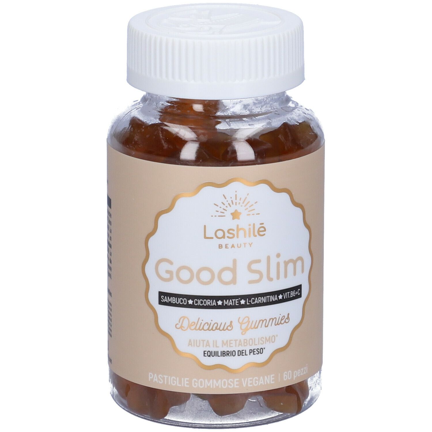 Bottiglia di caramelle gommose. Lashilè Good Slim. Vegano, 60 pezzi.
