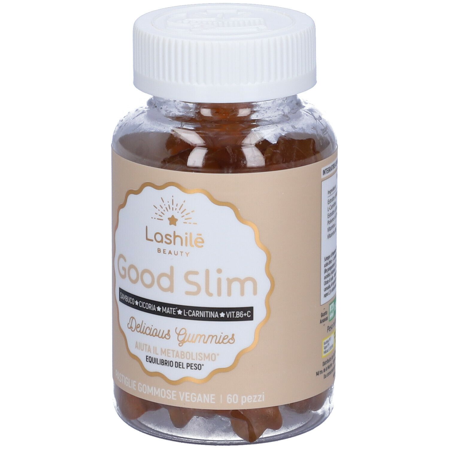Bottiglia di caramelle gommose. Lashilè Good Slim. Vegano, 60 pezzi.