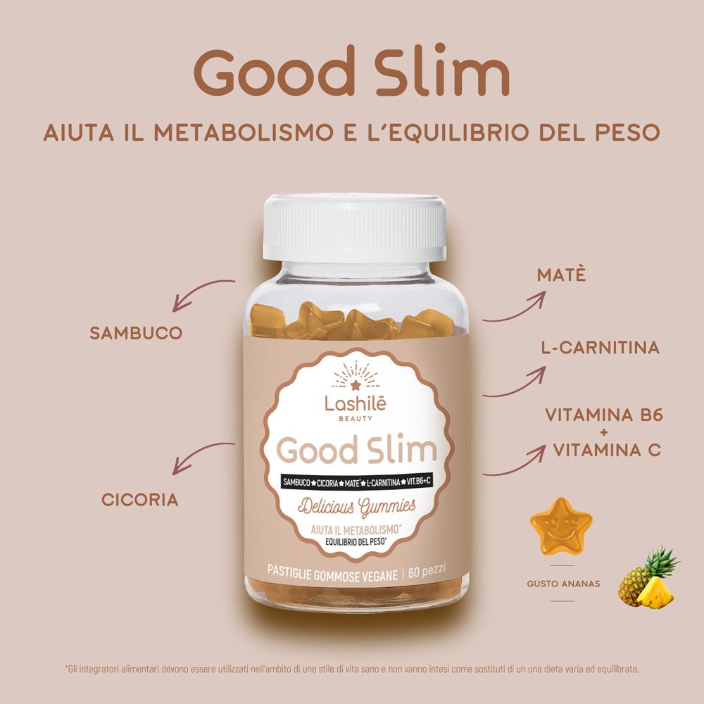 Immagine del prodotto con frecce sugli ingredienti. Lashilè Good Slim. Vegano, 60 pezzi.