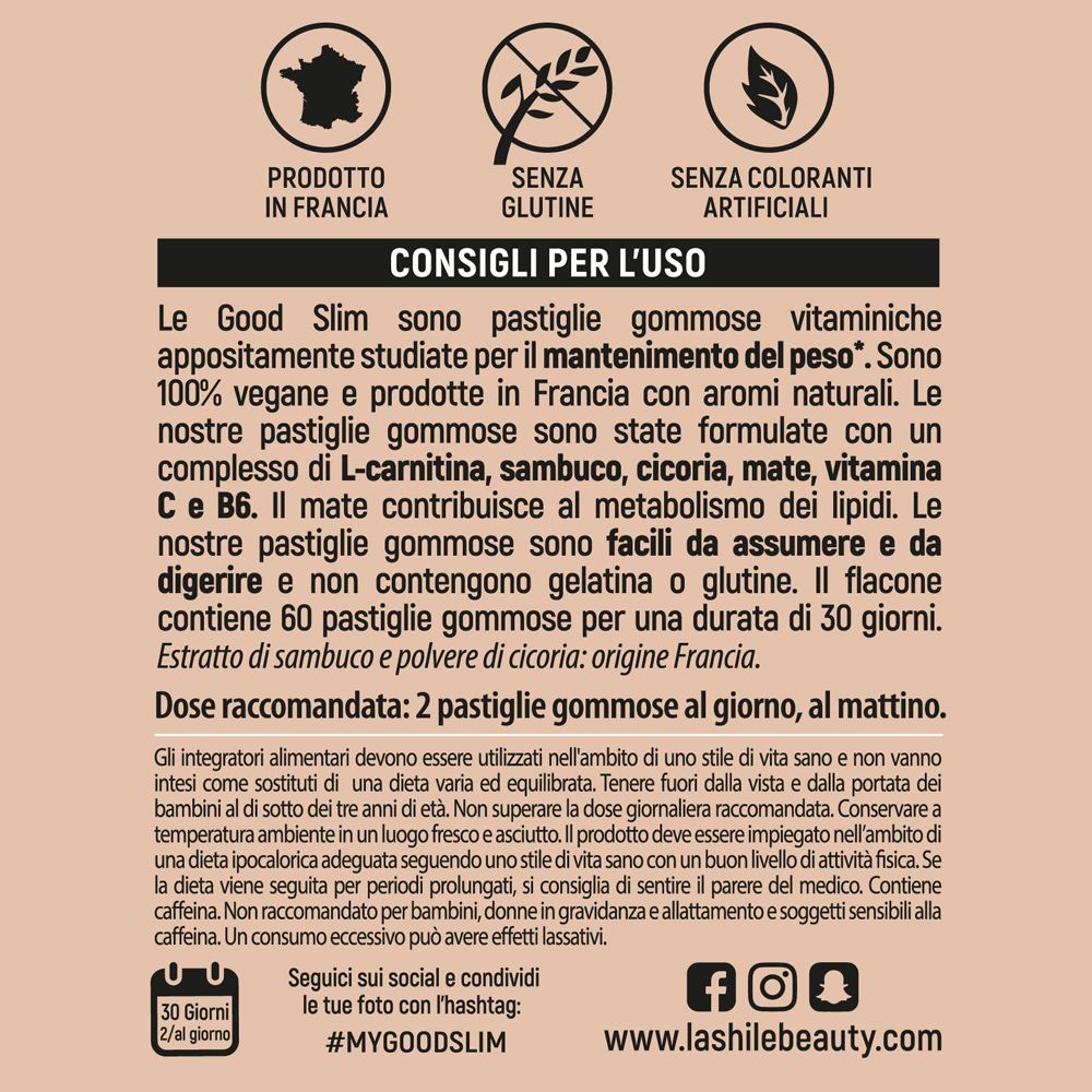 Retro della confezione con testo. Lashilè Good Slim. Vegano, 60 pezzi.