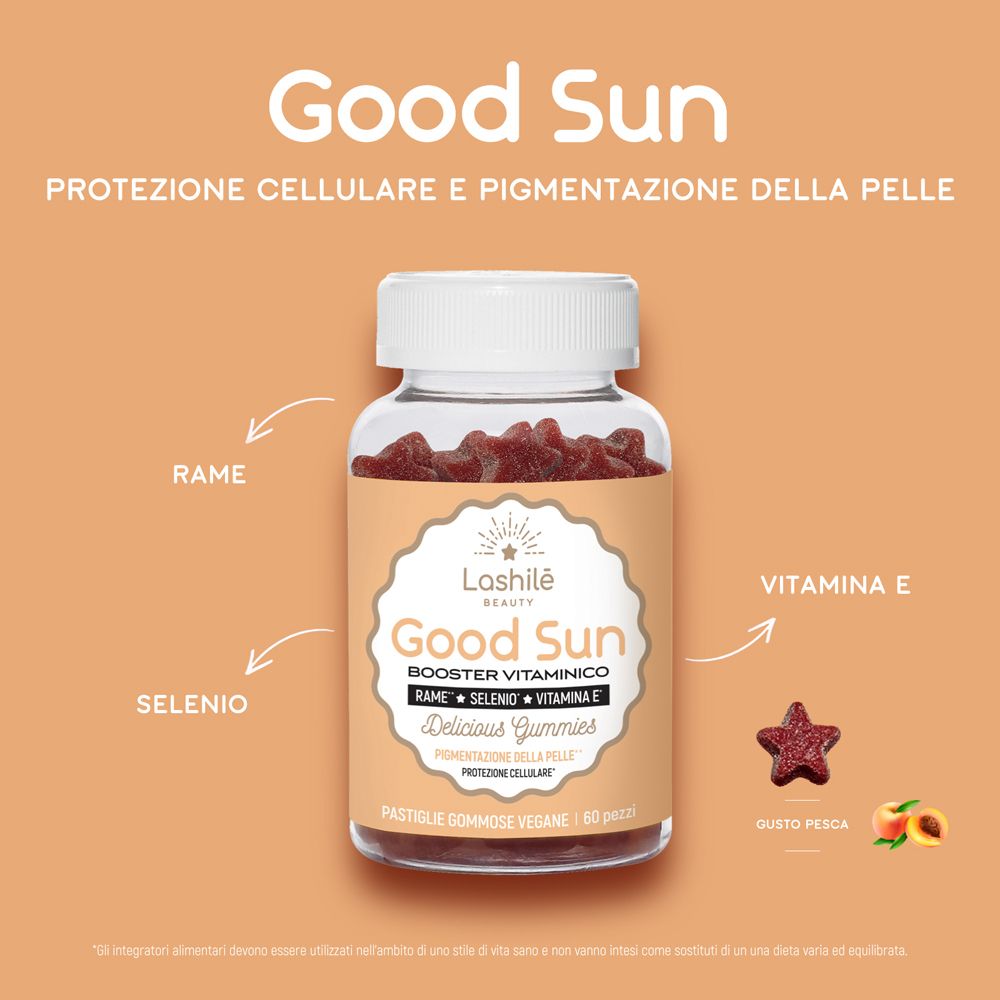 Flacone con caramelle gommose, caramelle a stella, frecce con testo. Sfondo arancione. Testo: protezione della pelle.