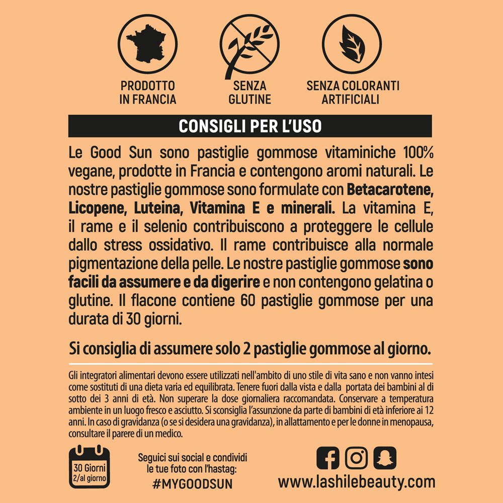 Retro del flacone. Testo: istruzioni per l'uso, ingredienti, 60 caramelle gommose. Senza glutine, senza coloranti.