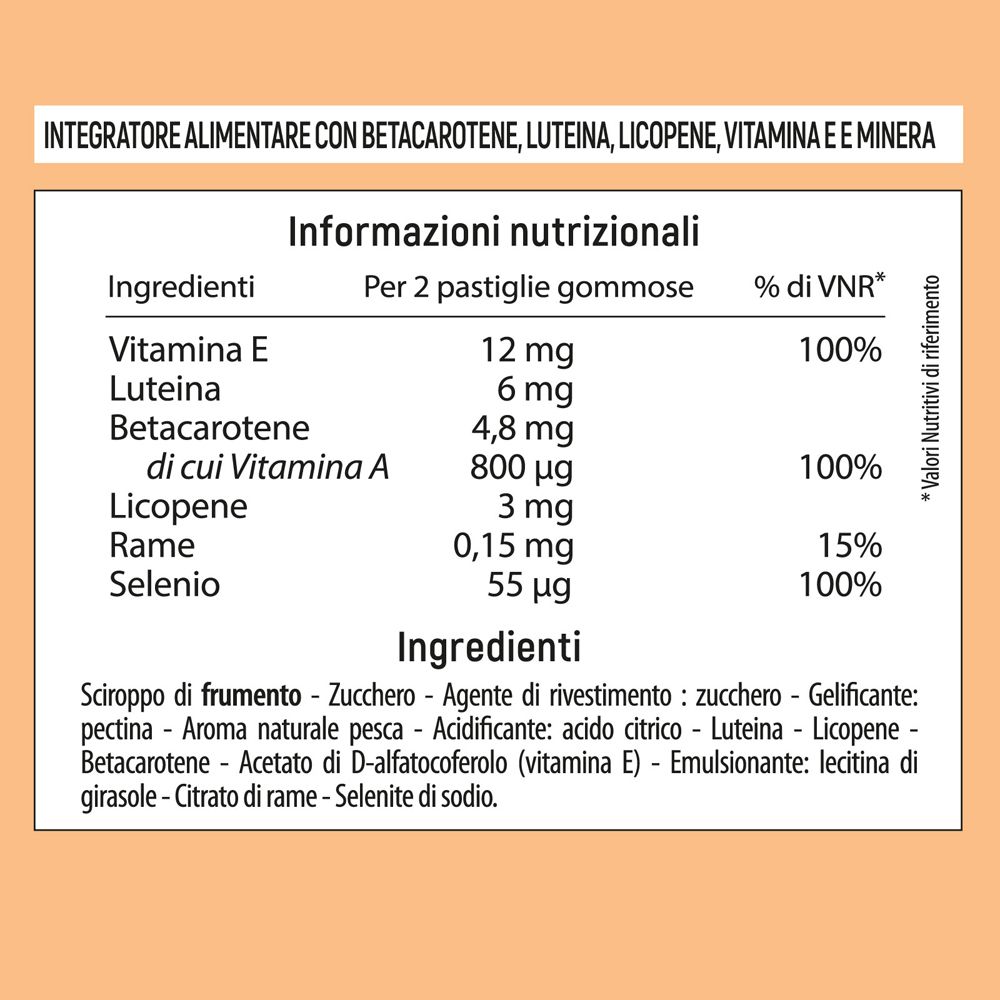 Informazioni nutrizionali su sfondo bianco. Ingredienti, vitamina E, luteina, beta-carotene, rame, selenio.