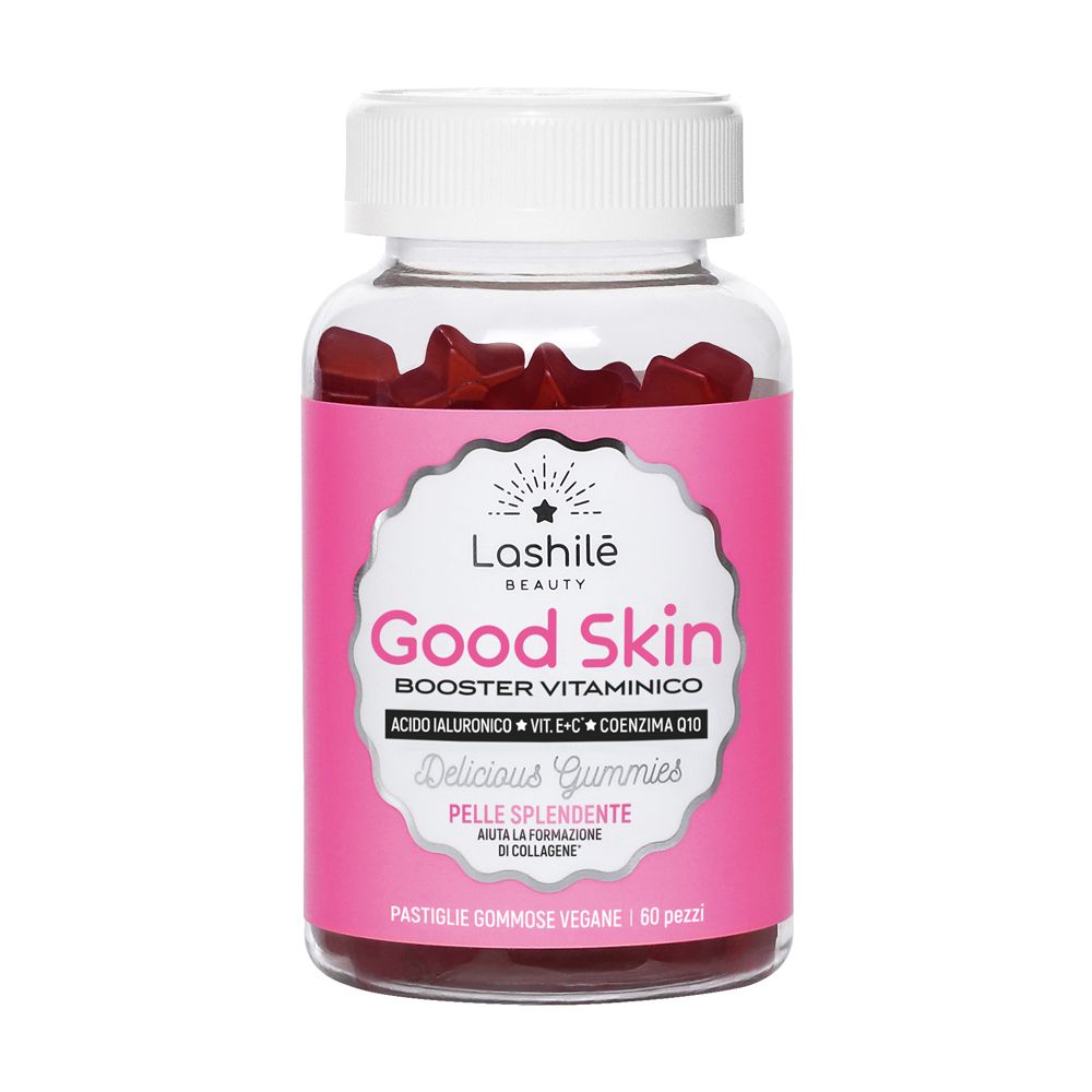 Flacone trasparente con caramelle gommose rosse a forma di stella. Etichetta rosa con testo Good Skin, Delicious Gummies.