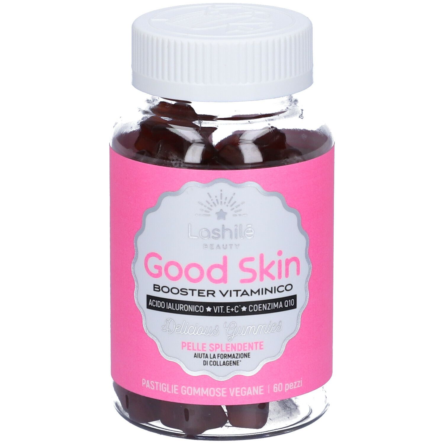 Flacone di prodotto con caramelle gommose rosse. Etichetta rosa con testo Good Skin, Booster Vitaminico, Delicious Gummies.