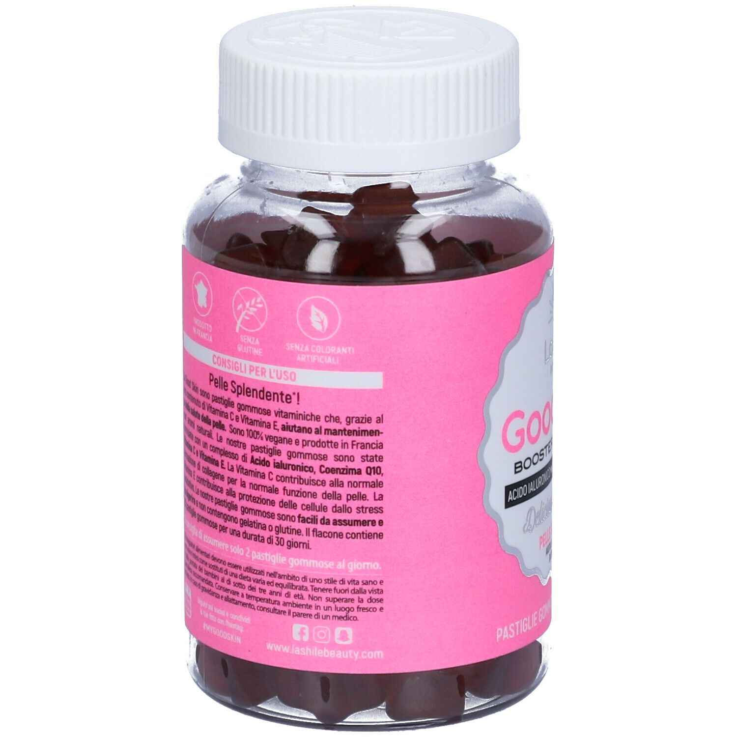 Retro del flacone del prodotto. Sfondo rosa con testo sugli ingredienti, l'uso e le certificazioni.